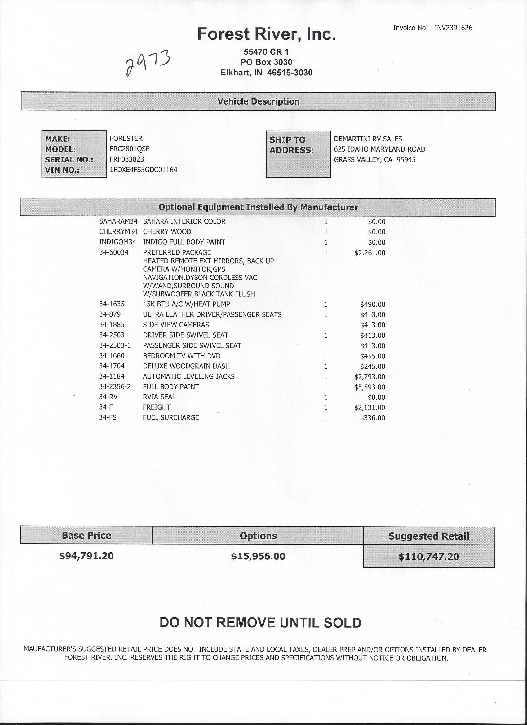 2016 Forest River Forester GTS 2801QS MSRP Sheet