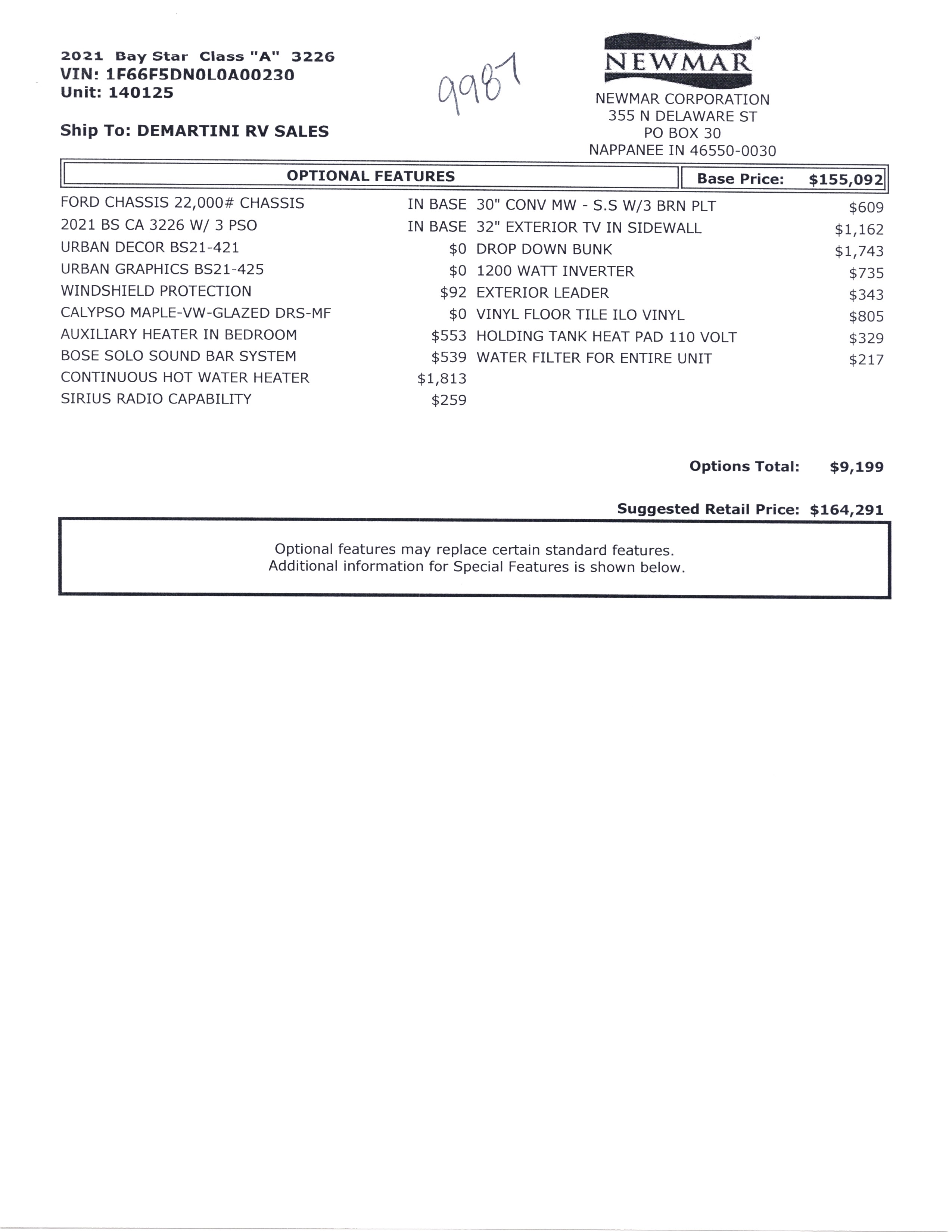 2021 Newmar Bay Star 3226 MSRP Sheet