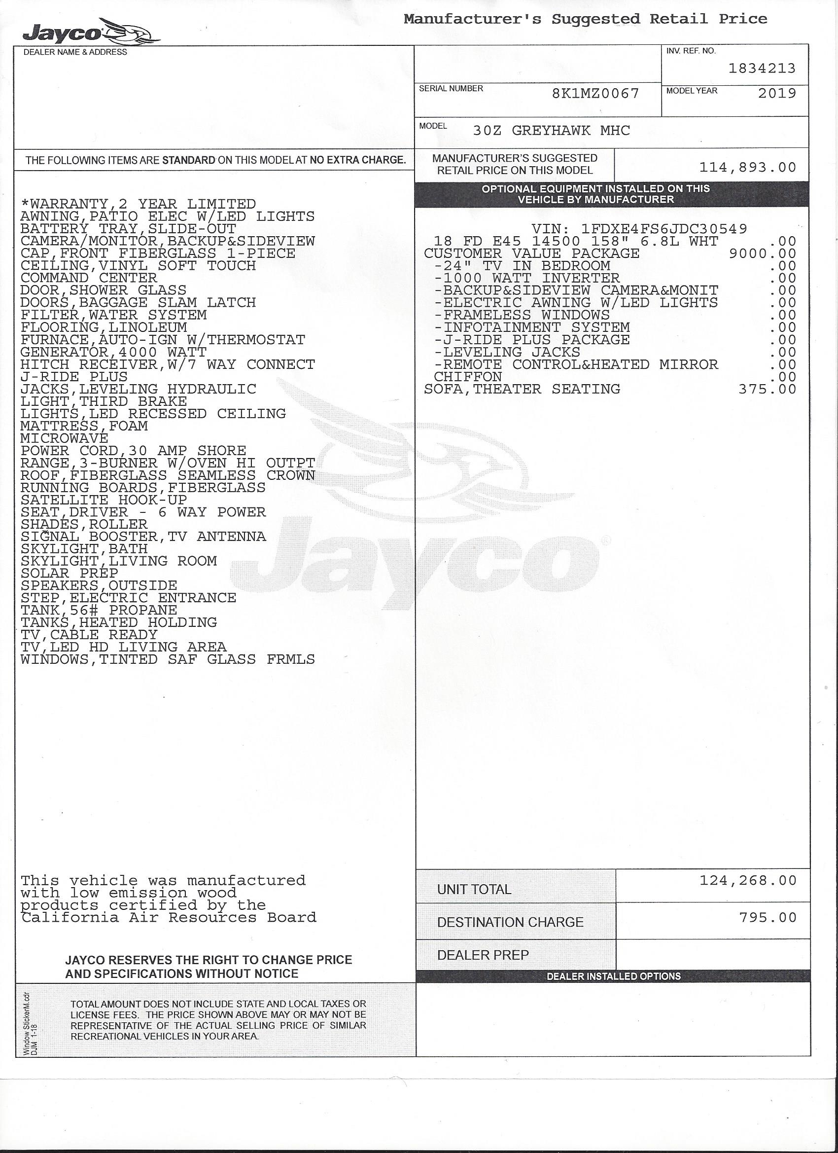 2019 Jayco Greyhawk 30Z MSRP Sheet