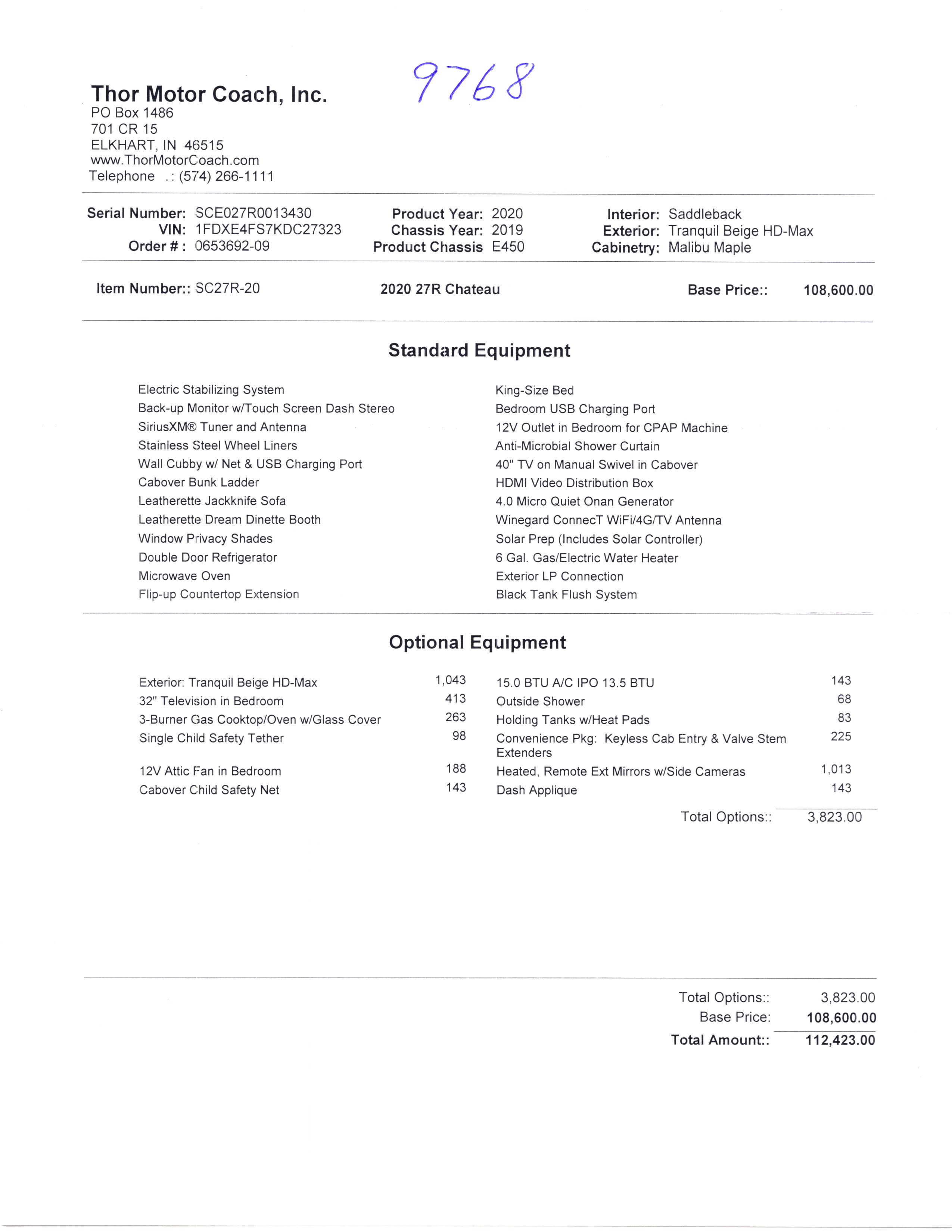 2020 Thor Chateau 27R MSRP Sheet