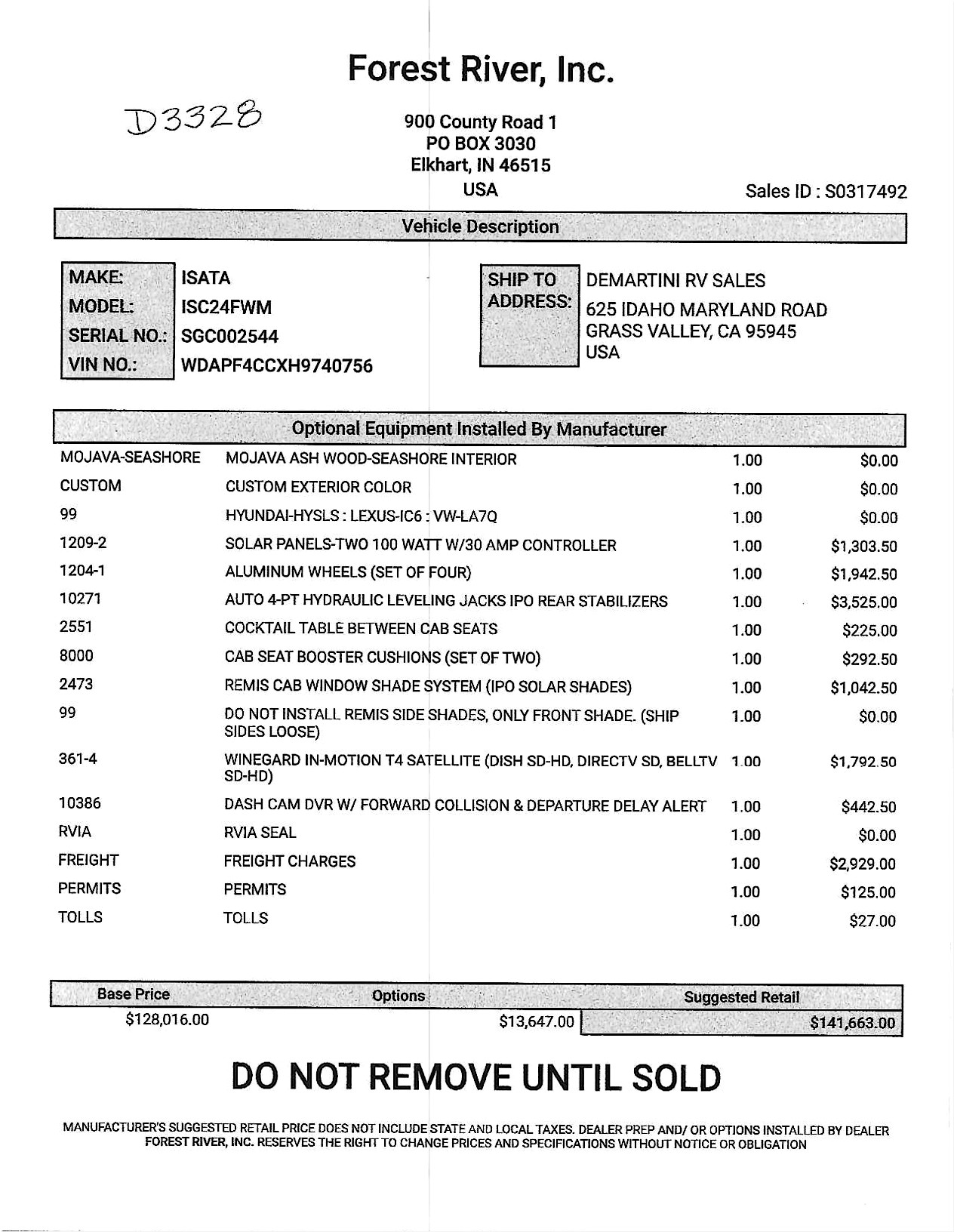 2019 Dynamax Isata 3 24FW MSRP Sheet
