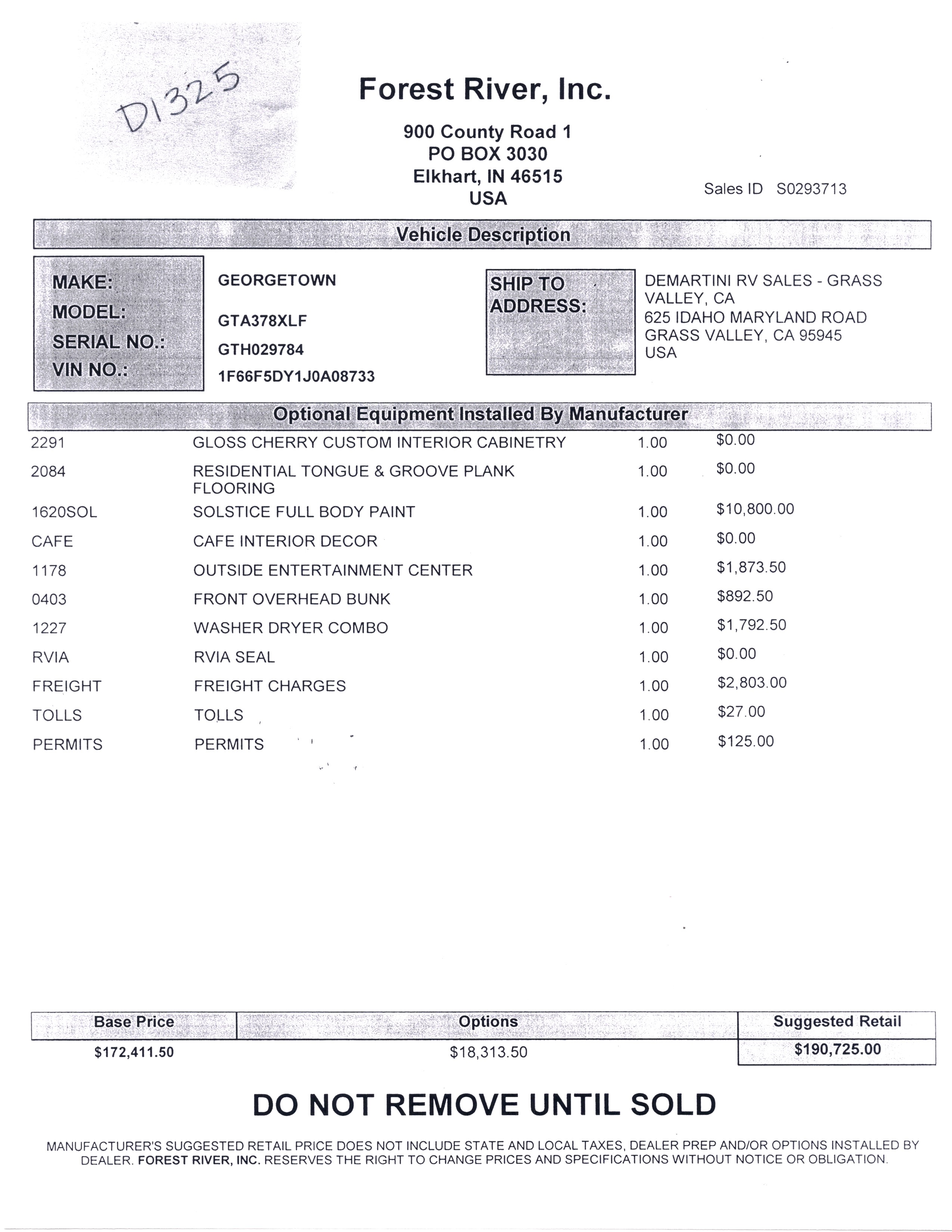 2019 Forest River Georgetown XL 378TS MSRP Sheet