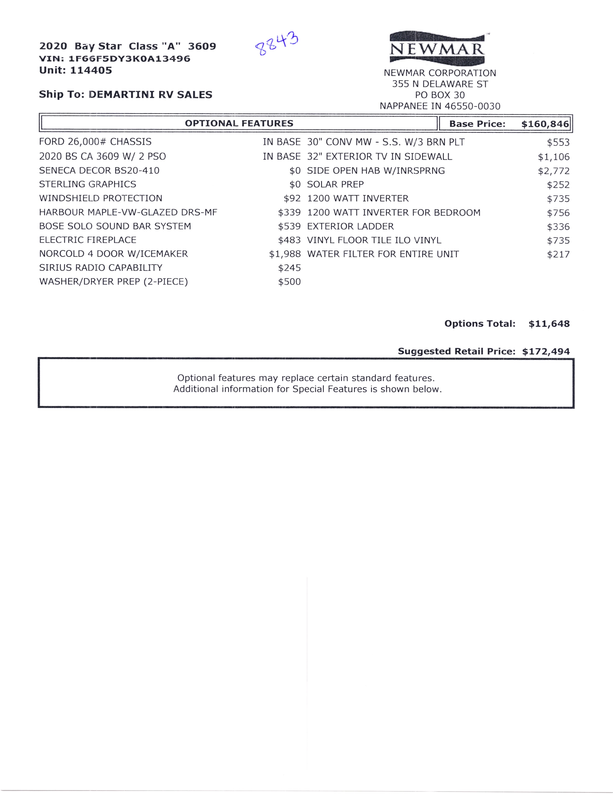 2020 Newmar Bay Star 3609 MSRP Sheet