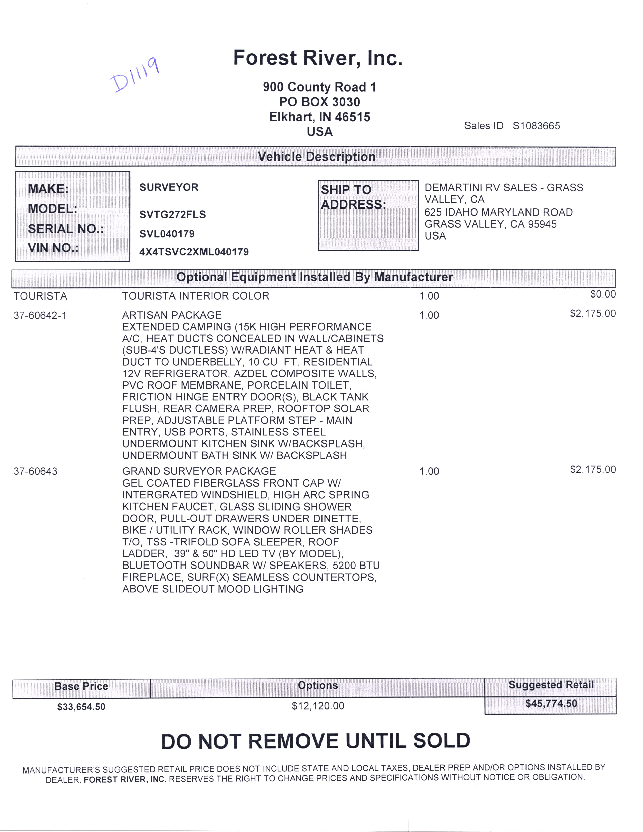 2021 Forest River Grand Surveyor 272FLS MSRP Sheet