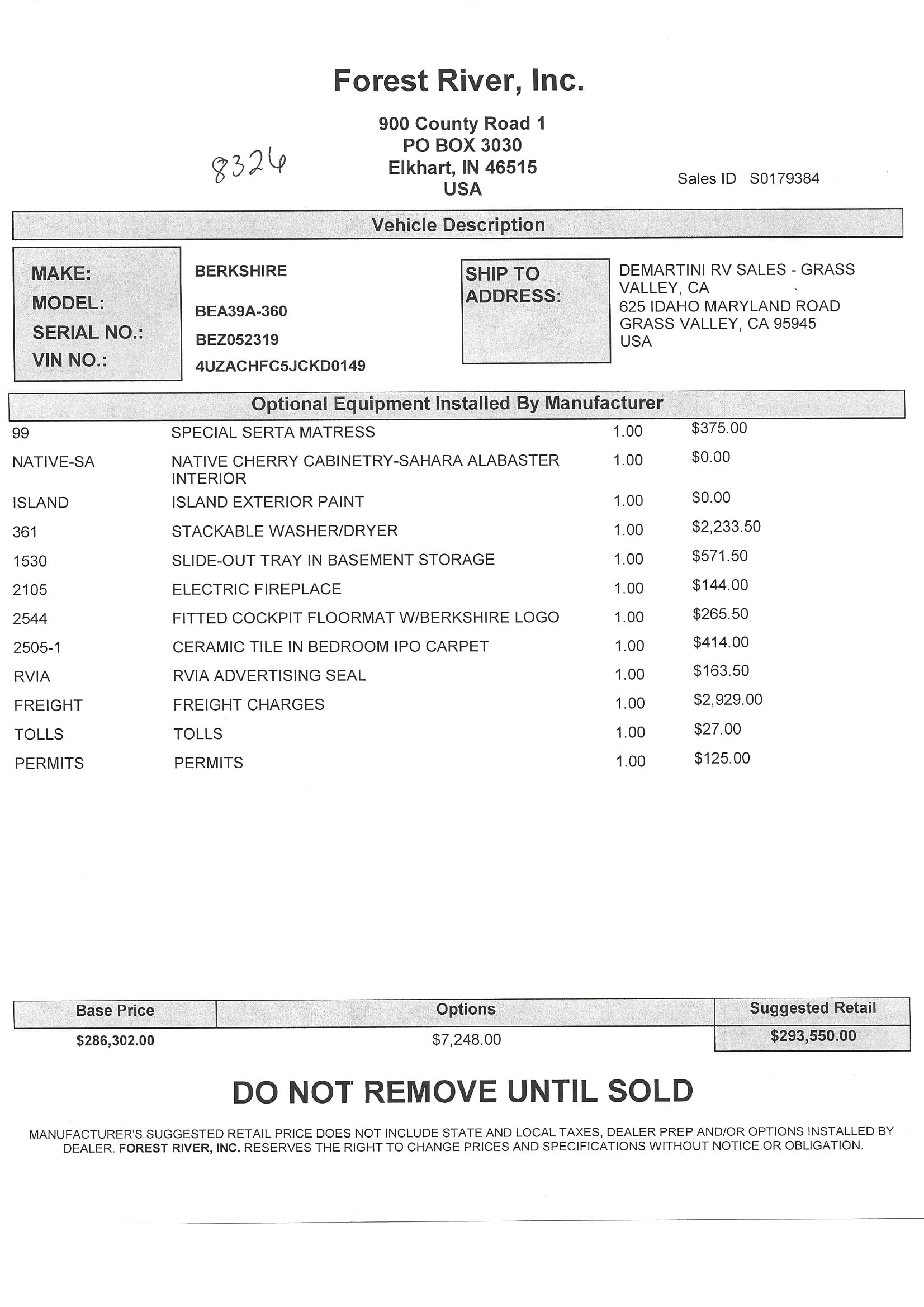 2018 Forest River Berkshire 39A MSRP Sheet