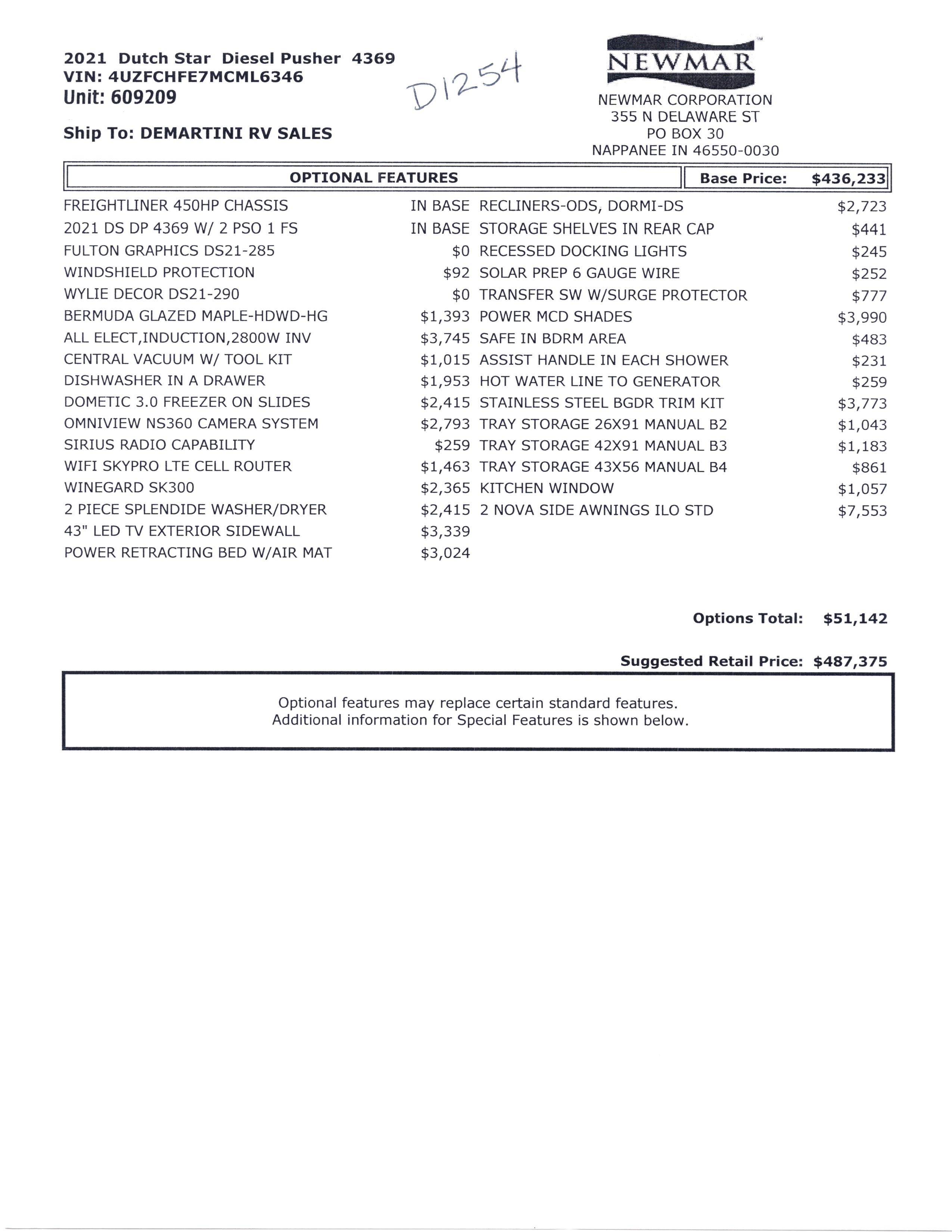 2021 Newmar Dutch Star 4369 MSRP Sheet