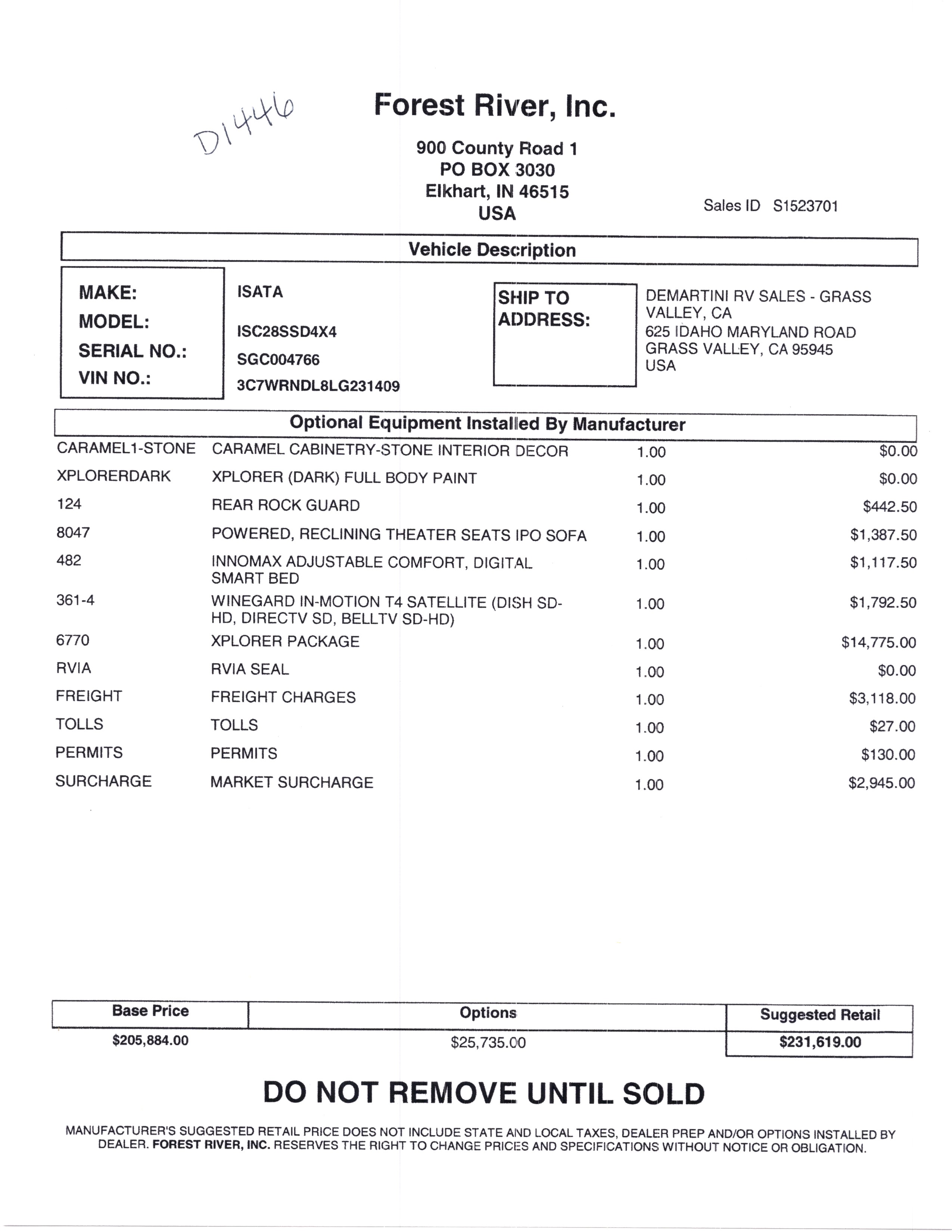 2021 Dynamax Isata 5 4x4 28SS Xplorer Edition MSRP Sheet