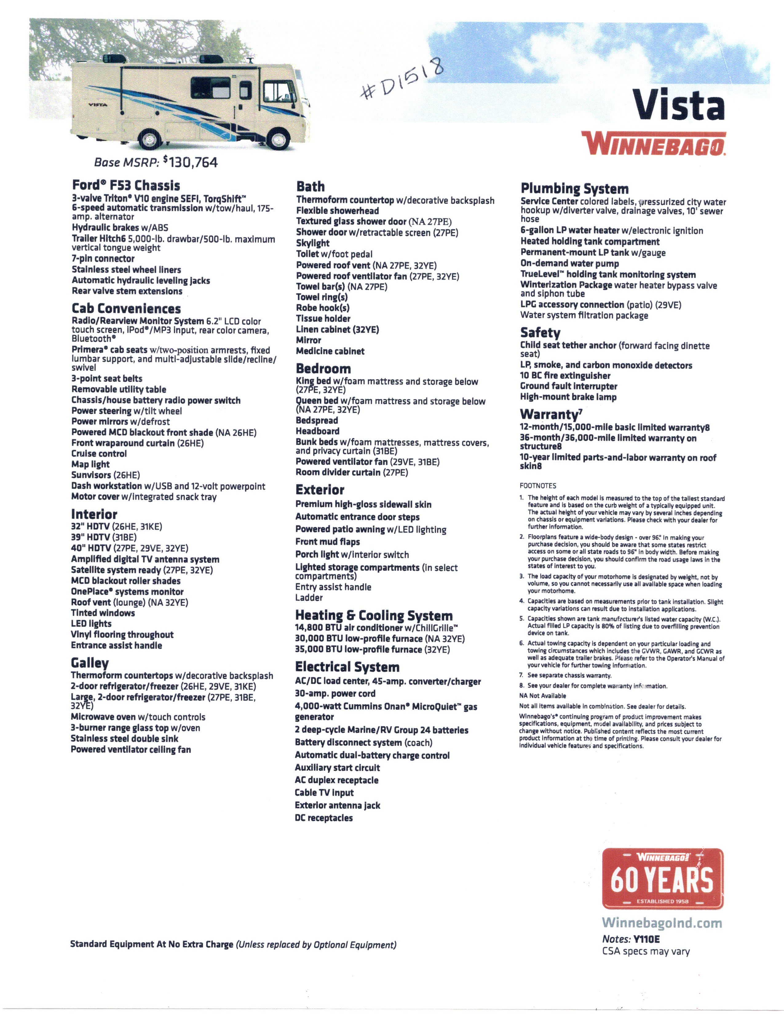 2019 Winnebago Vista 29VE MSRP Sheet
