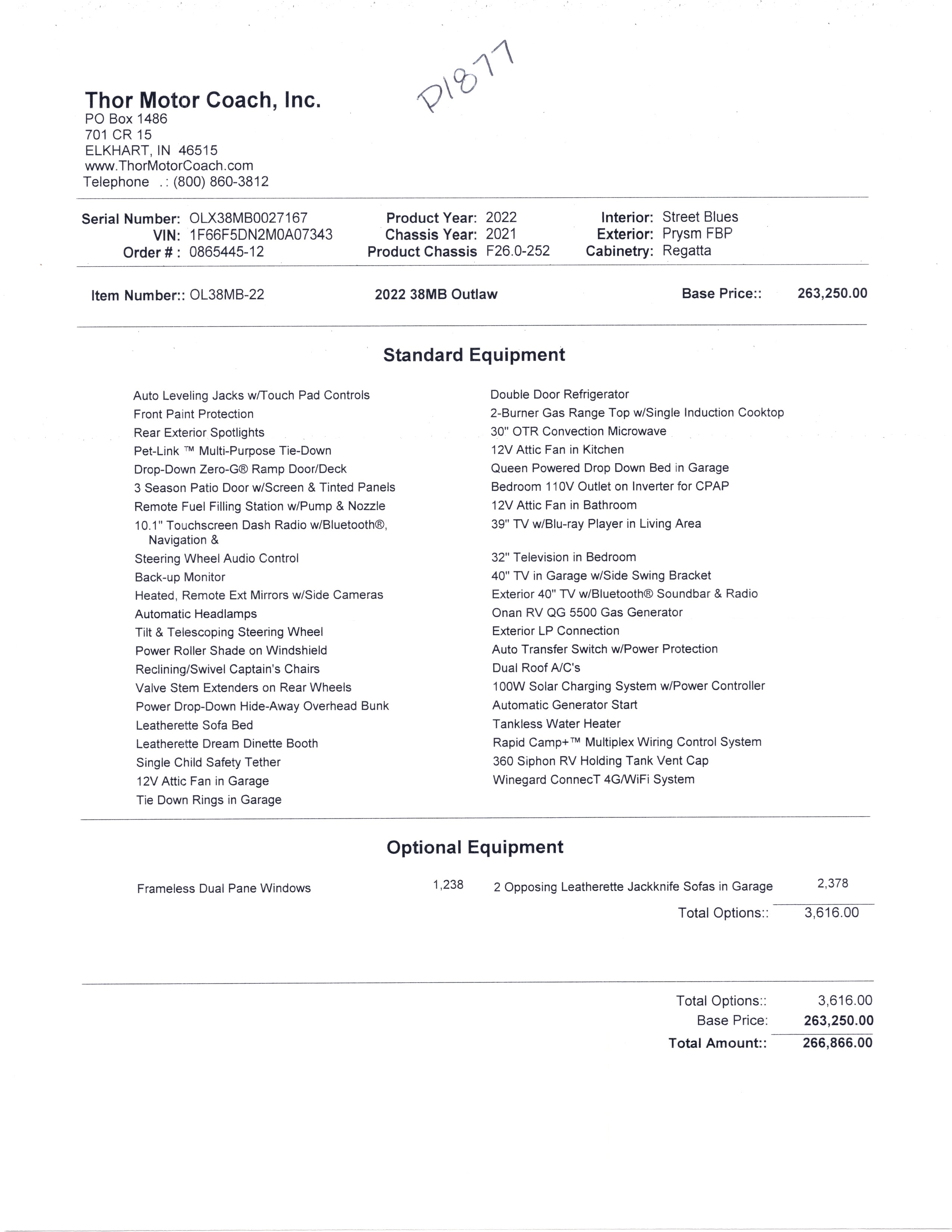 2022 Thor Outlaw 38MB Toy Hauler MSRP Sheet