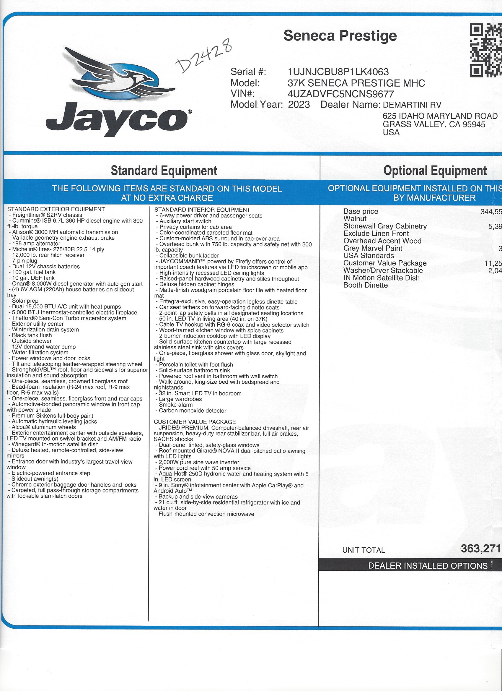 2023 Jayco Seneca Prestige 37K MSRP Sheet