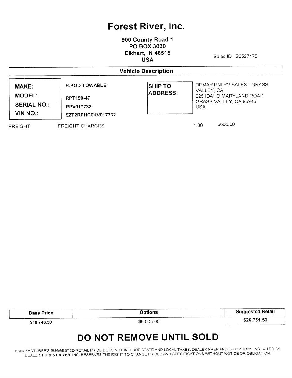 2019 Forest River R-Pod 190 MSRP Sheet