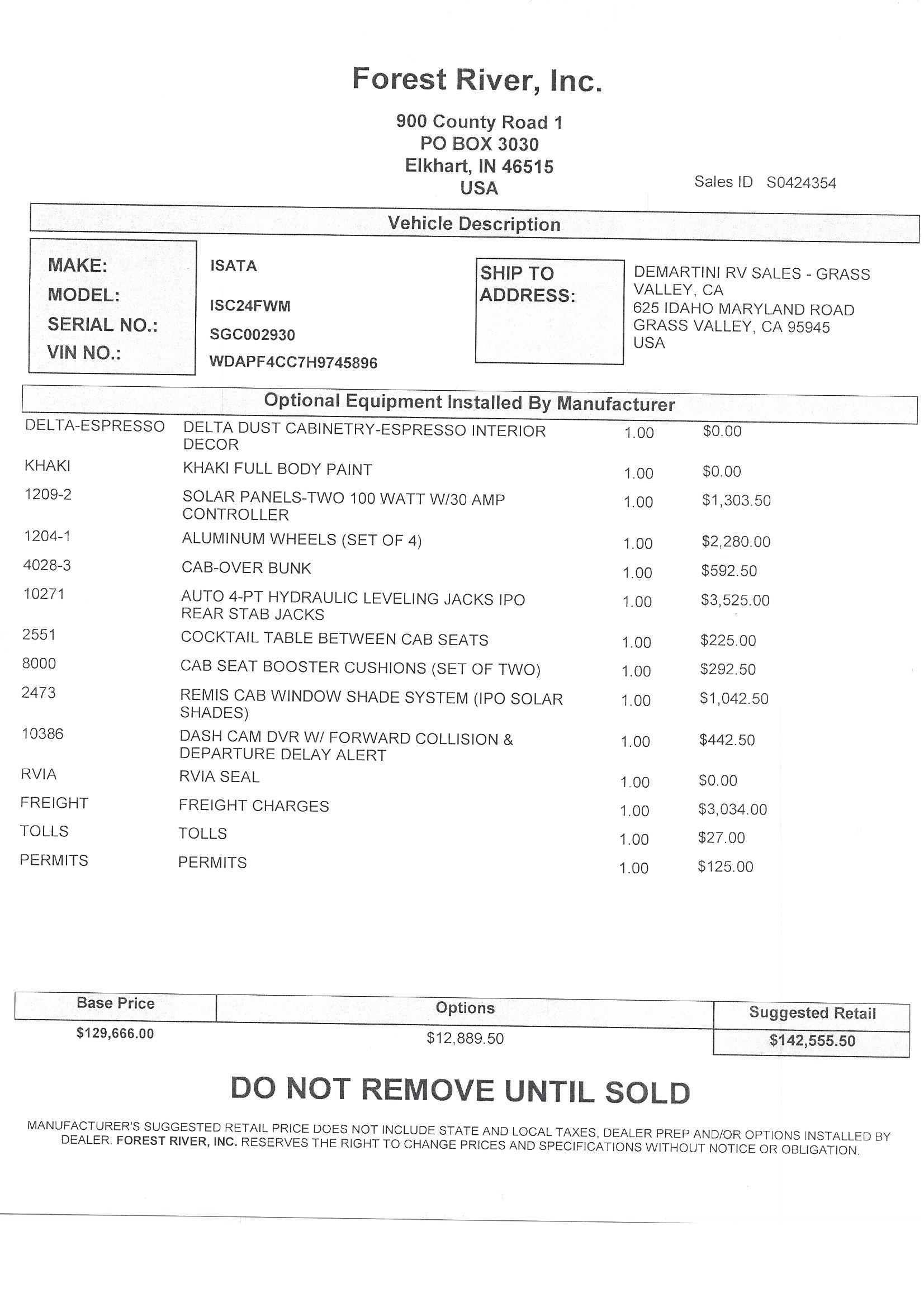 2019 Dynamax Isata 3 24FW MSRP Sheet