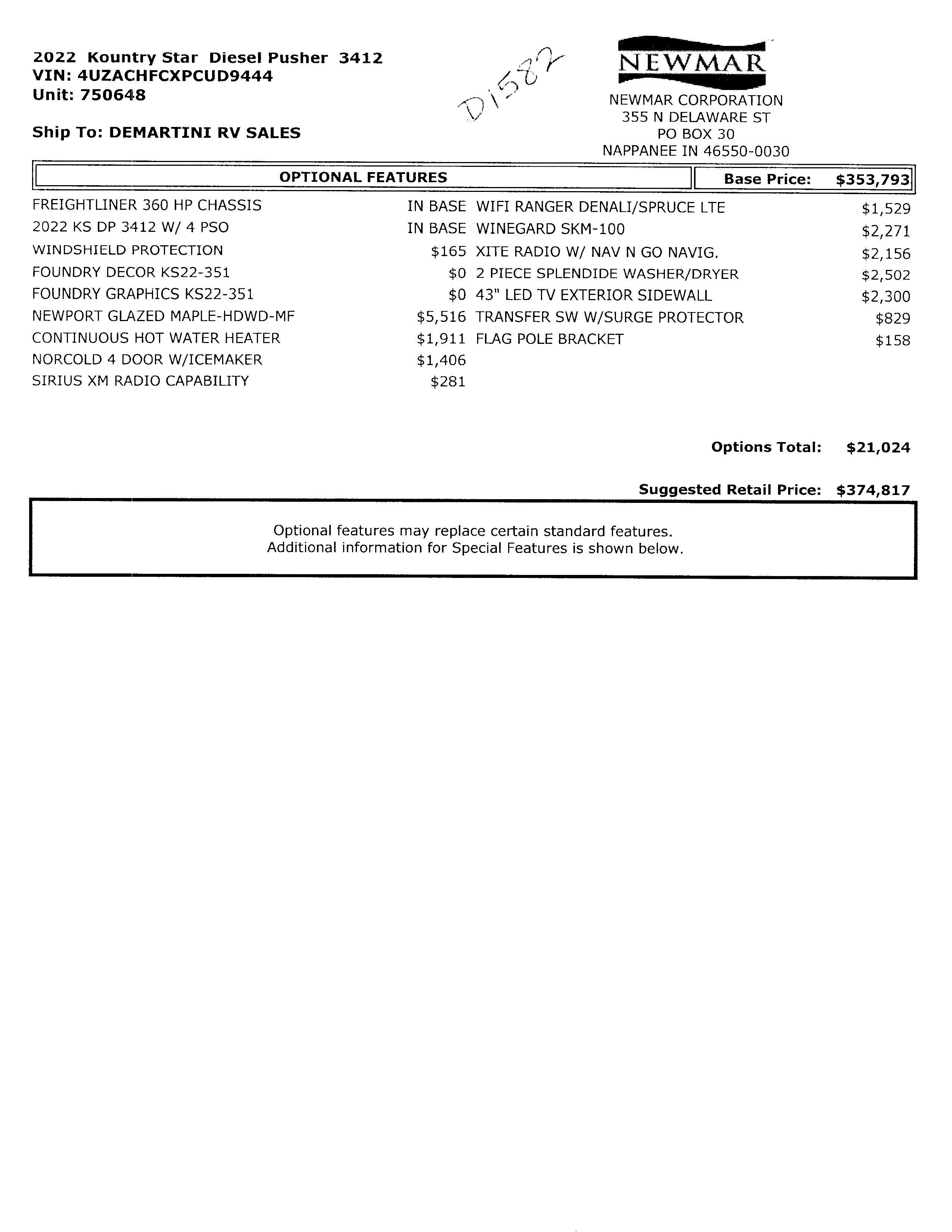 2022 Newmar Kountry Star 3412 MSRP Sheet