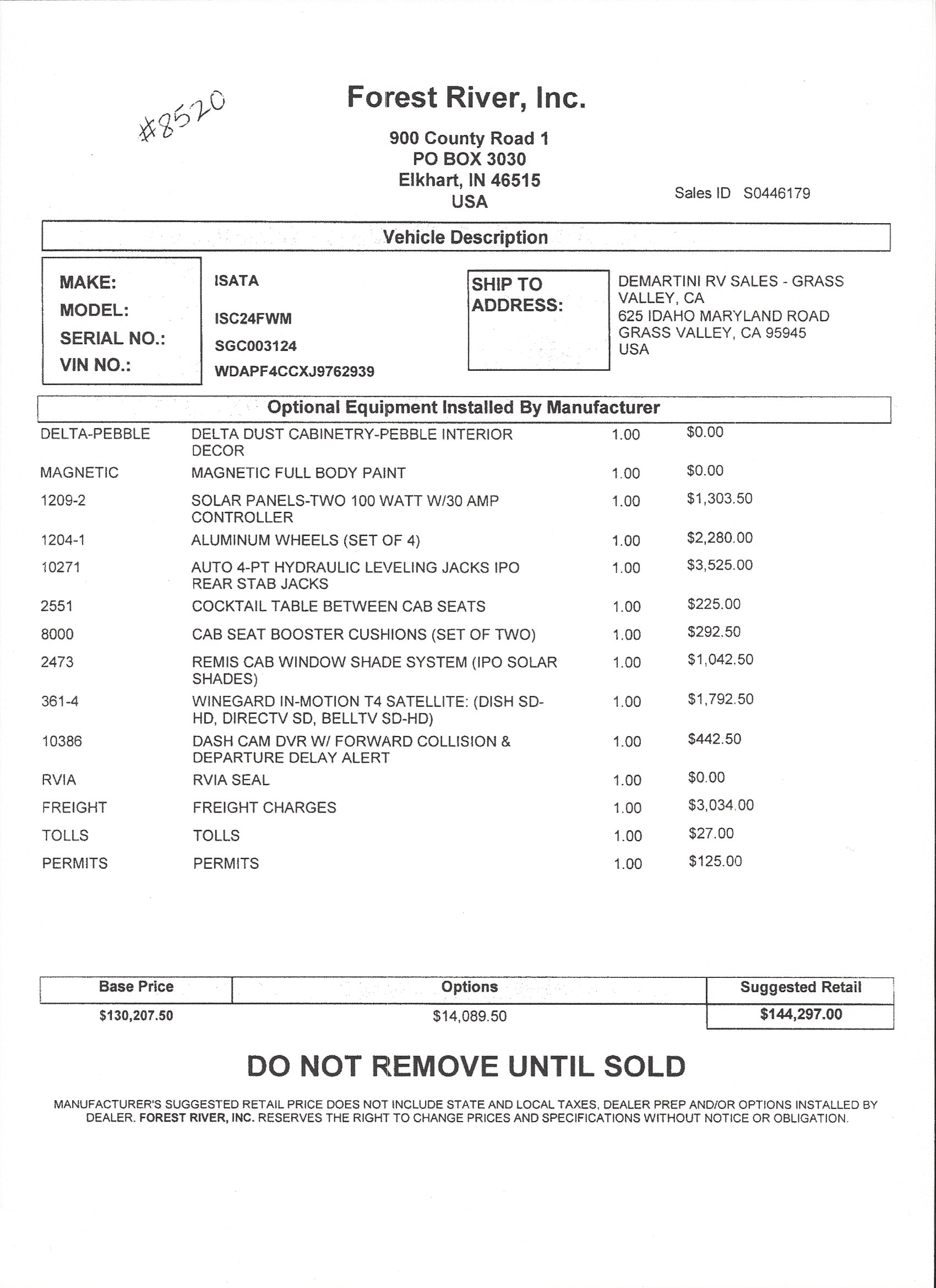 2019 Dynamax Isata 3 24FW MSRP Sheet