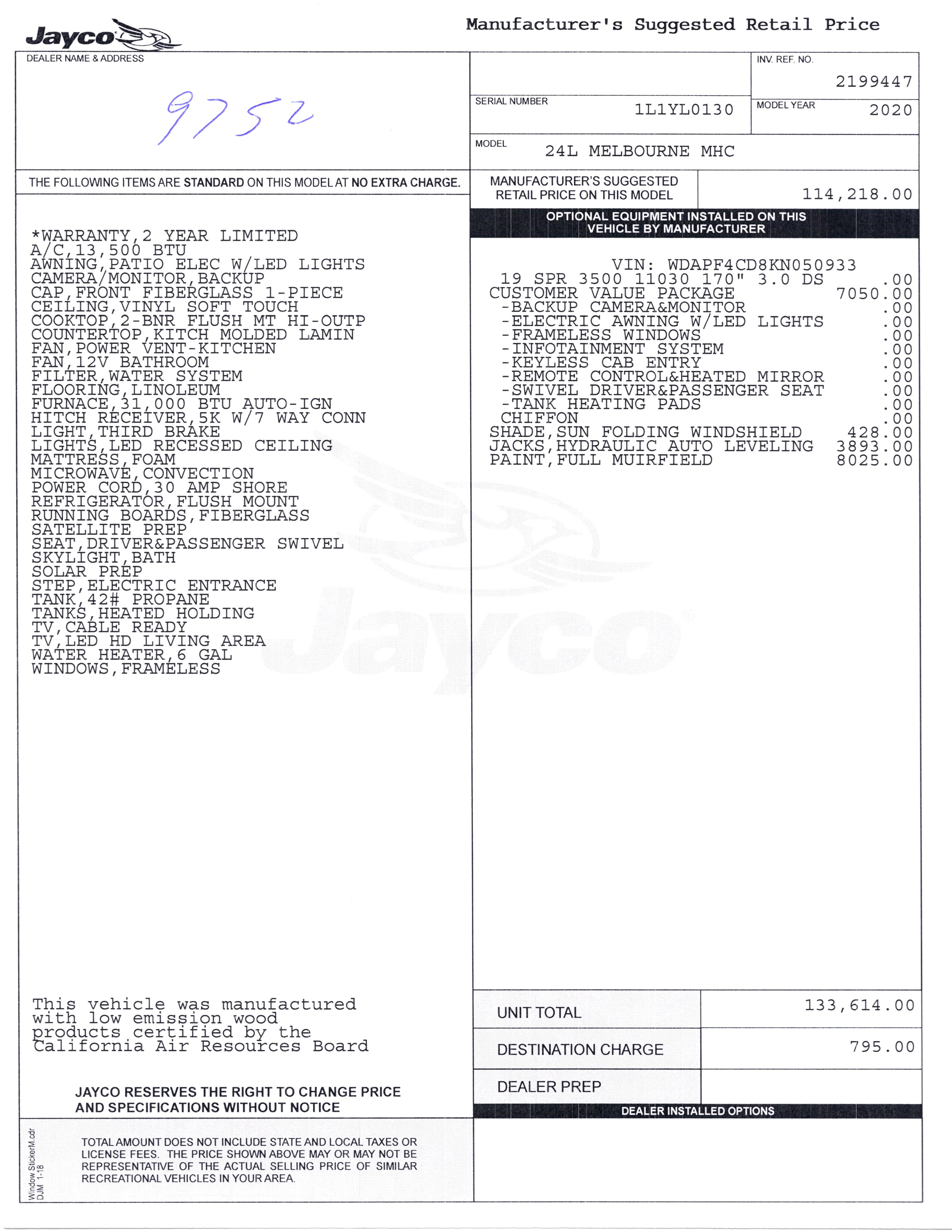 2020 Jayco Melbourne 24L MSRP Sheet