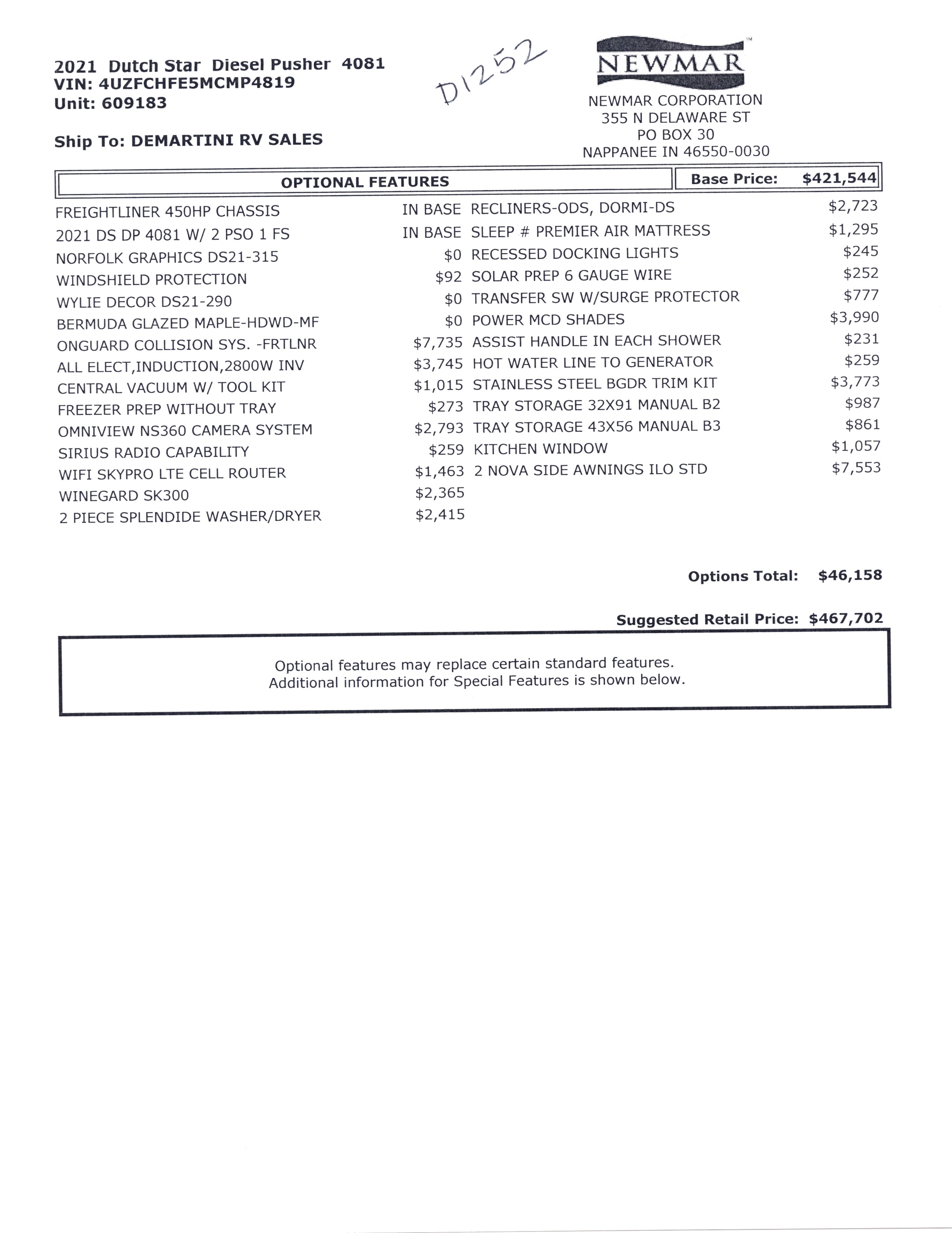 2021 Newmar Dutch Star 4081 MSRP Sheet