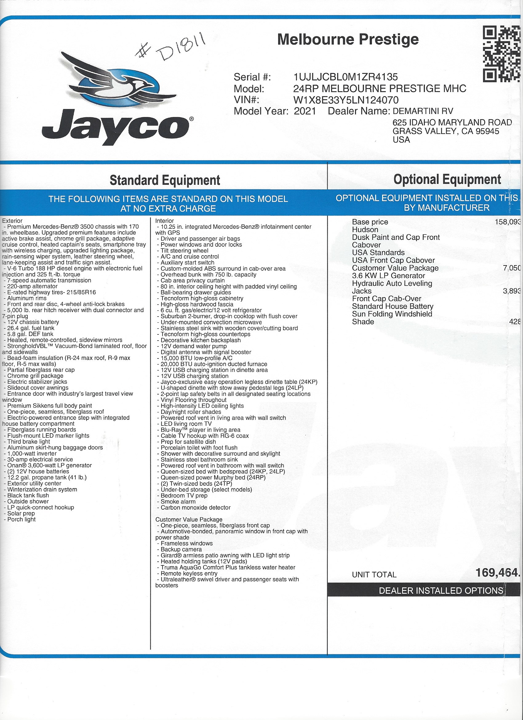 2021 Jayco Melbourne Prestige 24RP MSRP Sheet