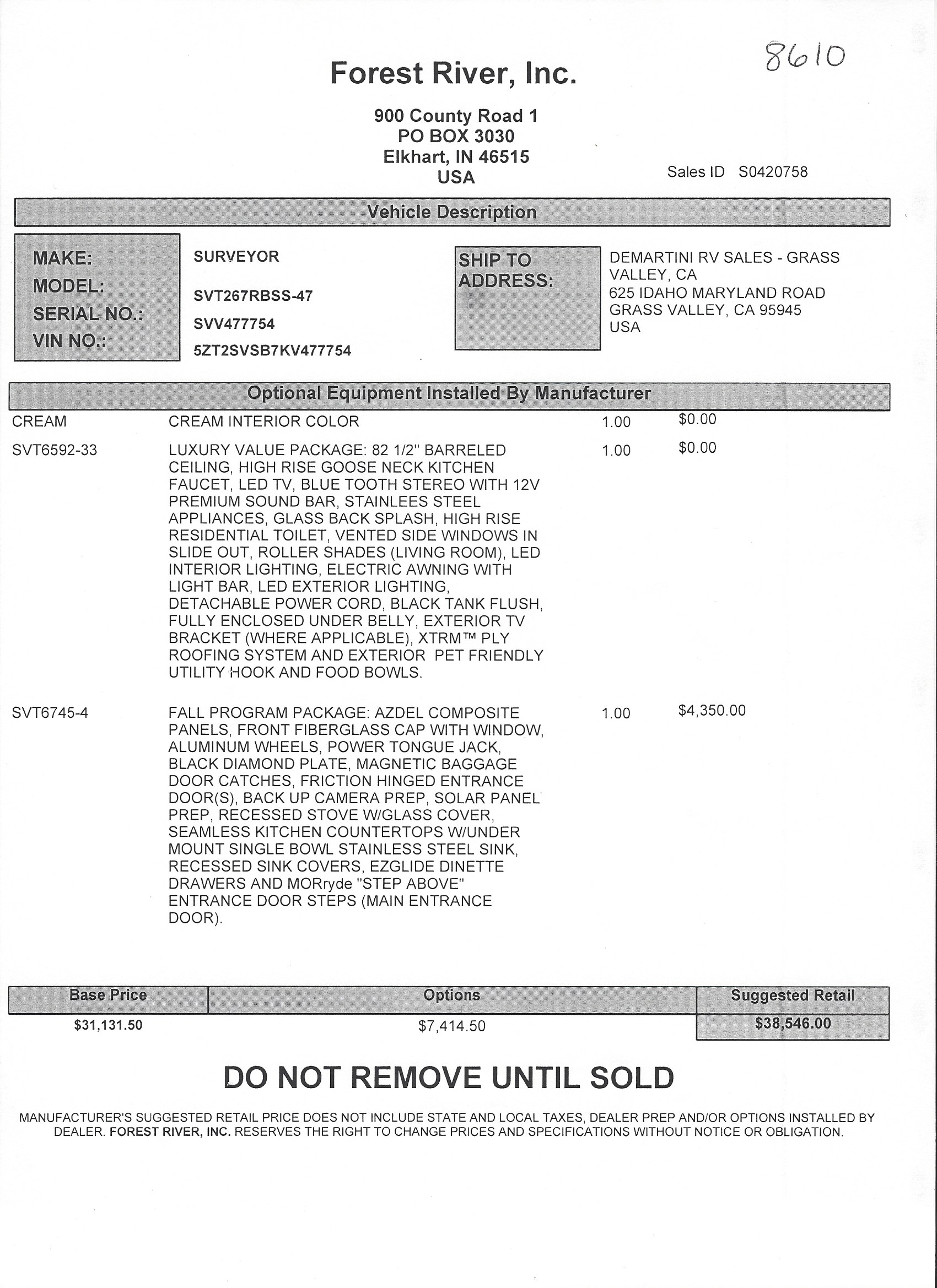 2019 Forest River Surveyor Luxury 267RBSS MSRP Sheet