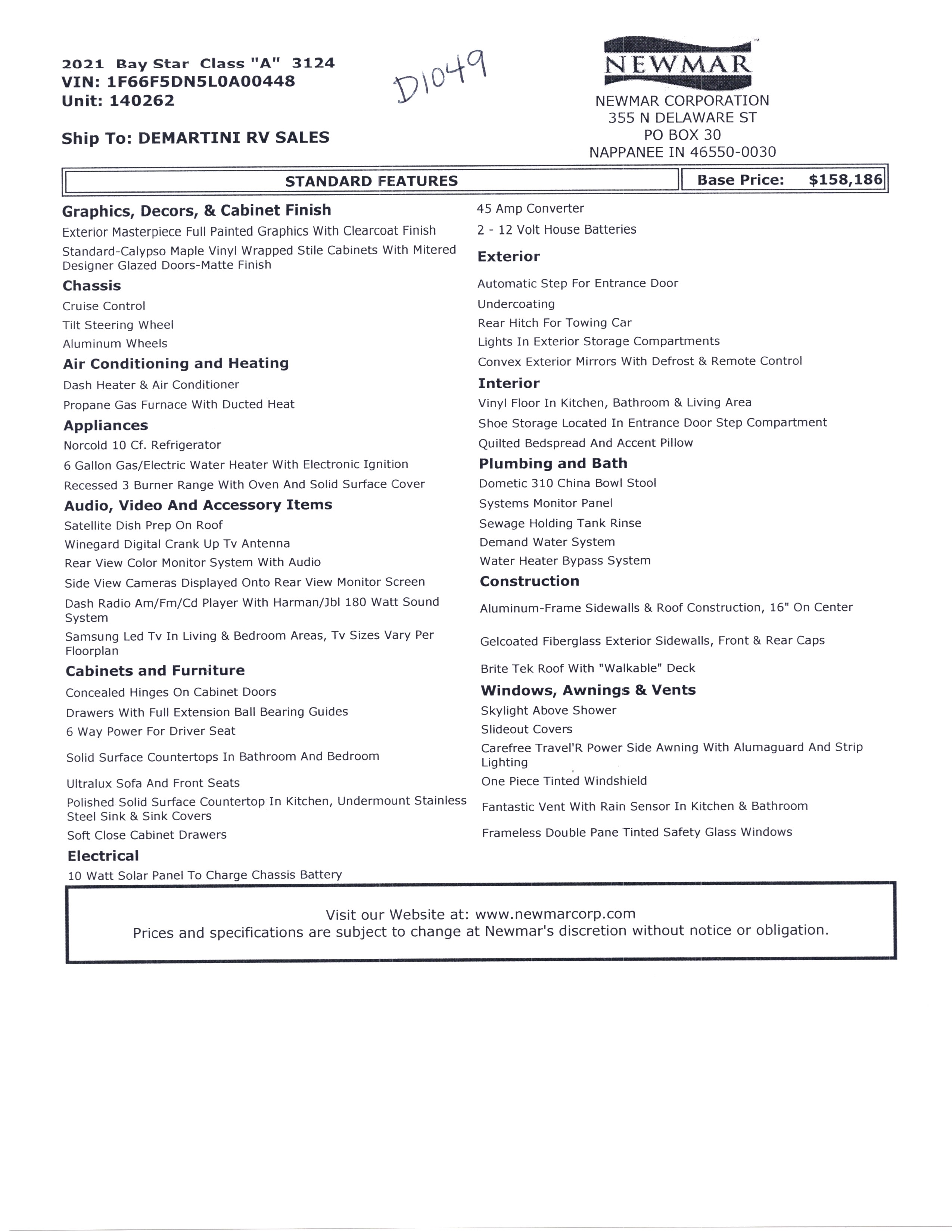 2021 Newmar Bay Star 3124 MSRP Sheet