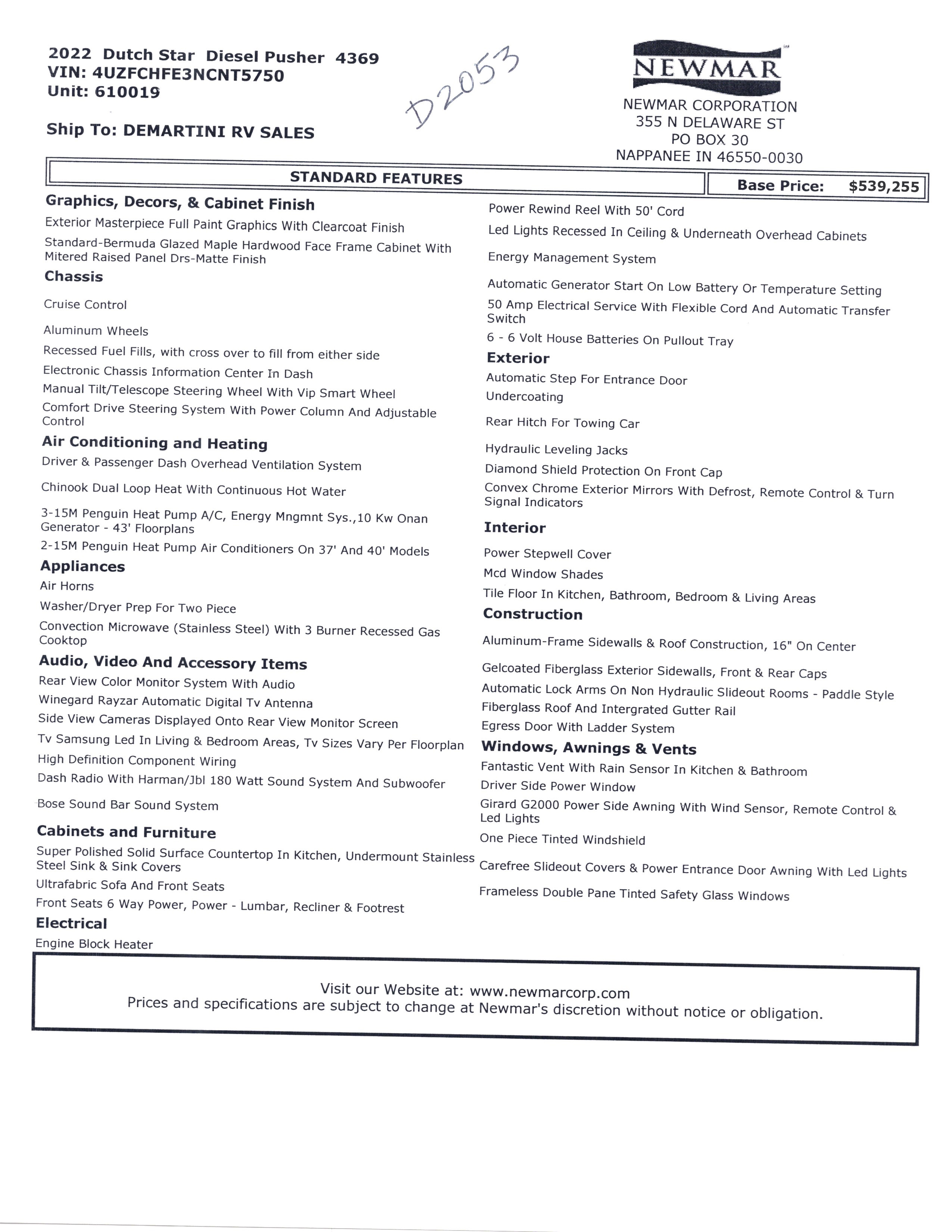 2022 Newmar Dutch Star 4369 MSRP Sheet