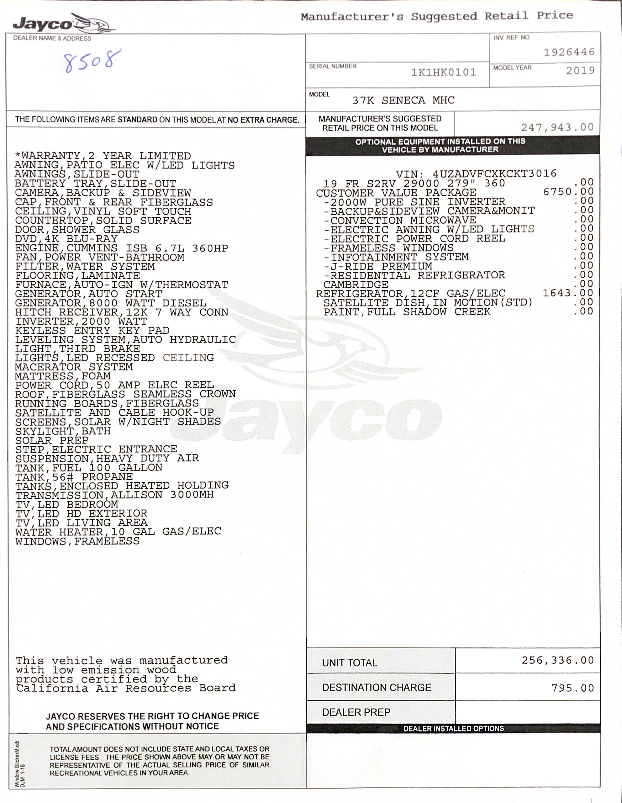 2019 Jayco Seneca 37K MSRP Sheet