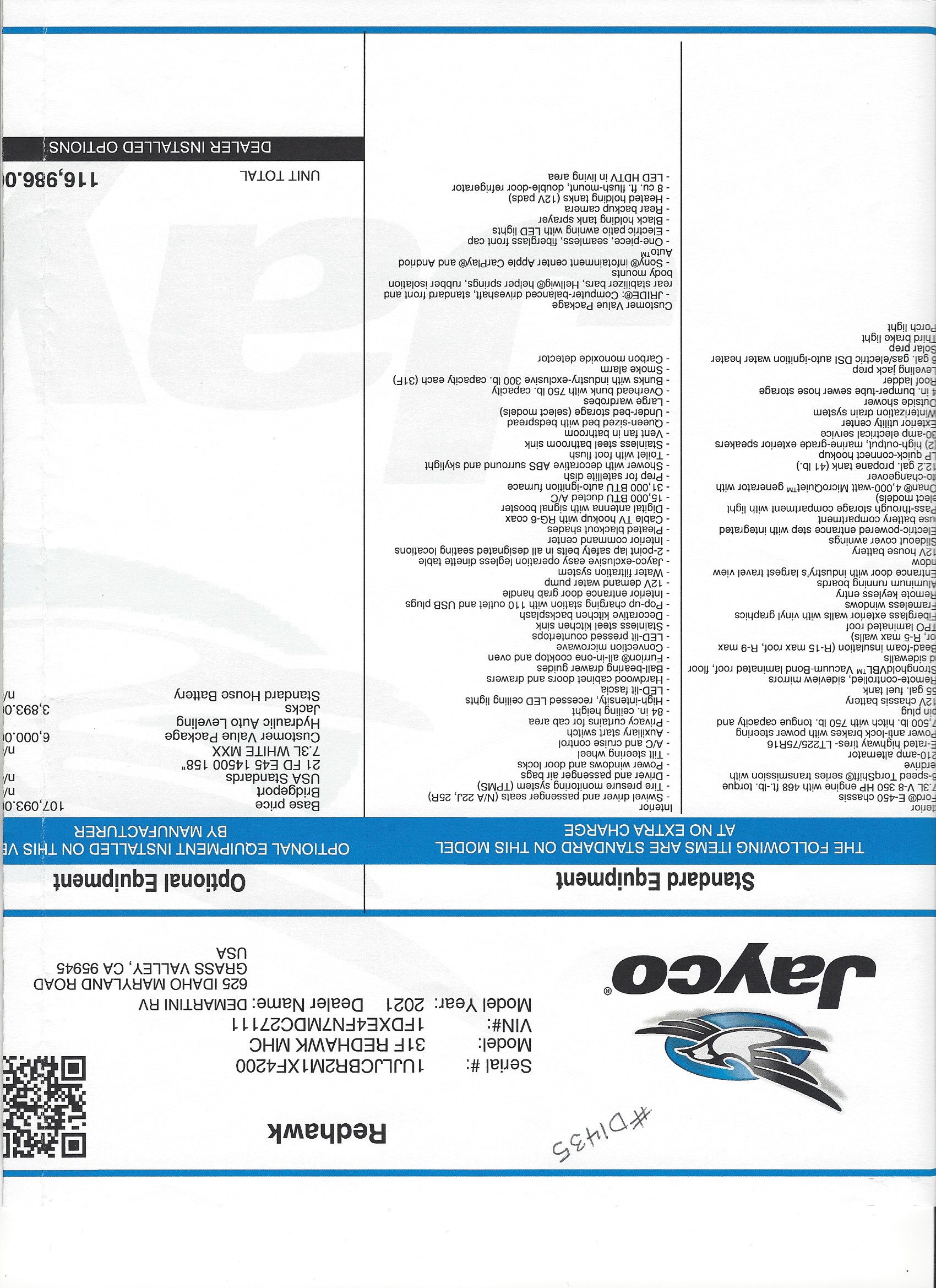 2021 Jayco Redhawk 31F MSRP Sheet