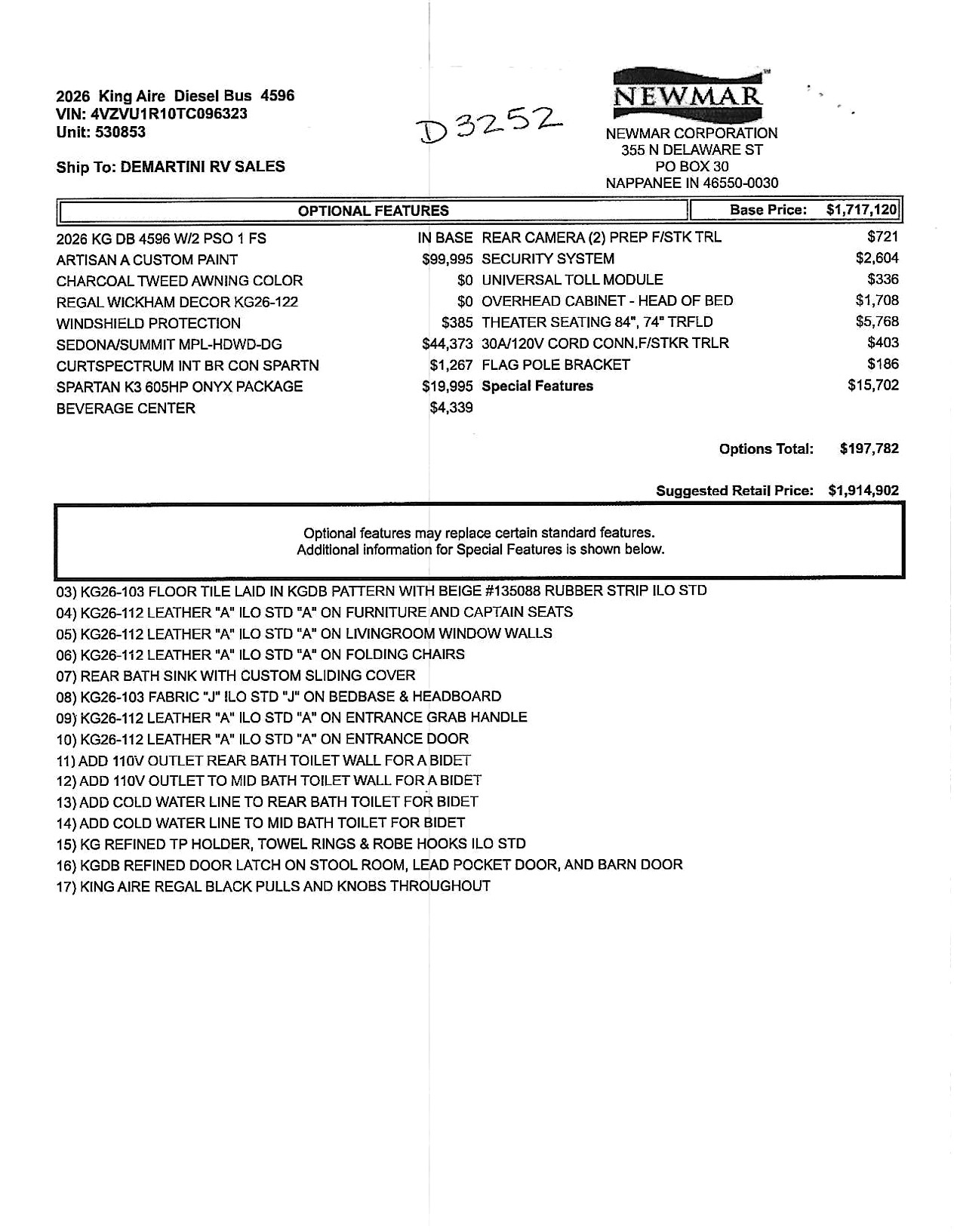 2026 Newmar King Aire 4596 MSRP Sheet