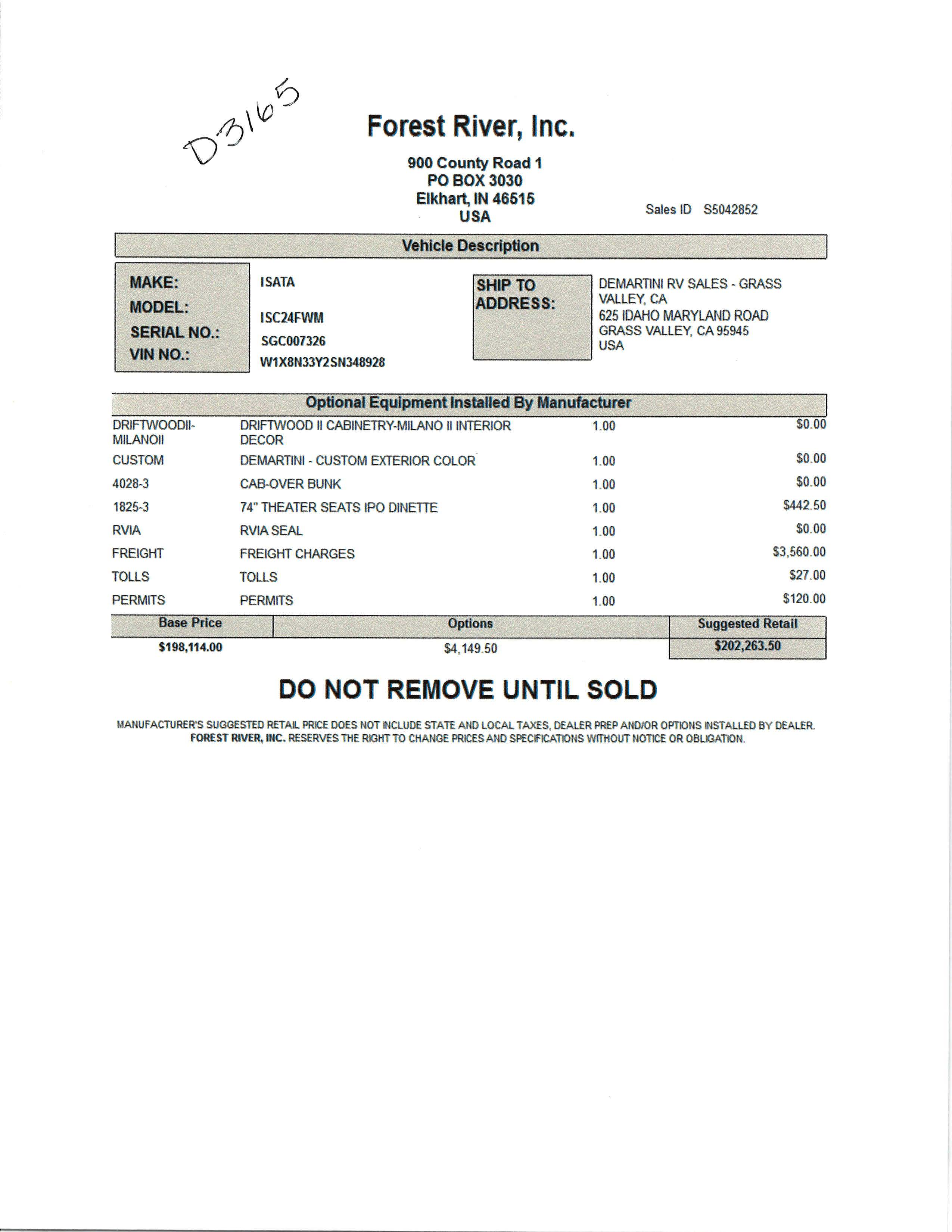 2016 Newmar Dutch Star 4002 MSRP Sheet