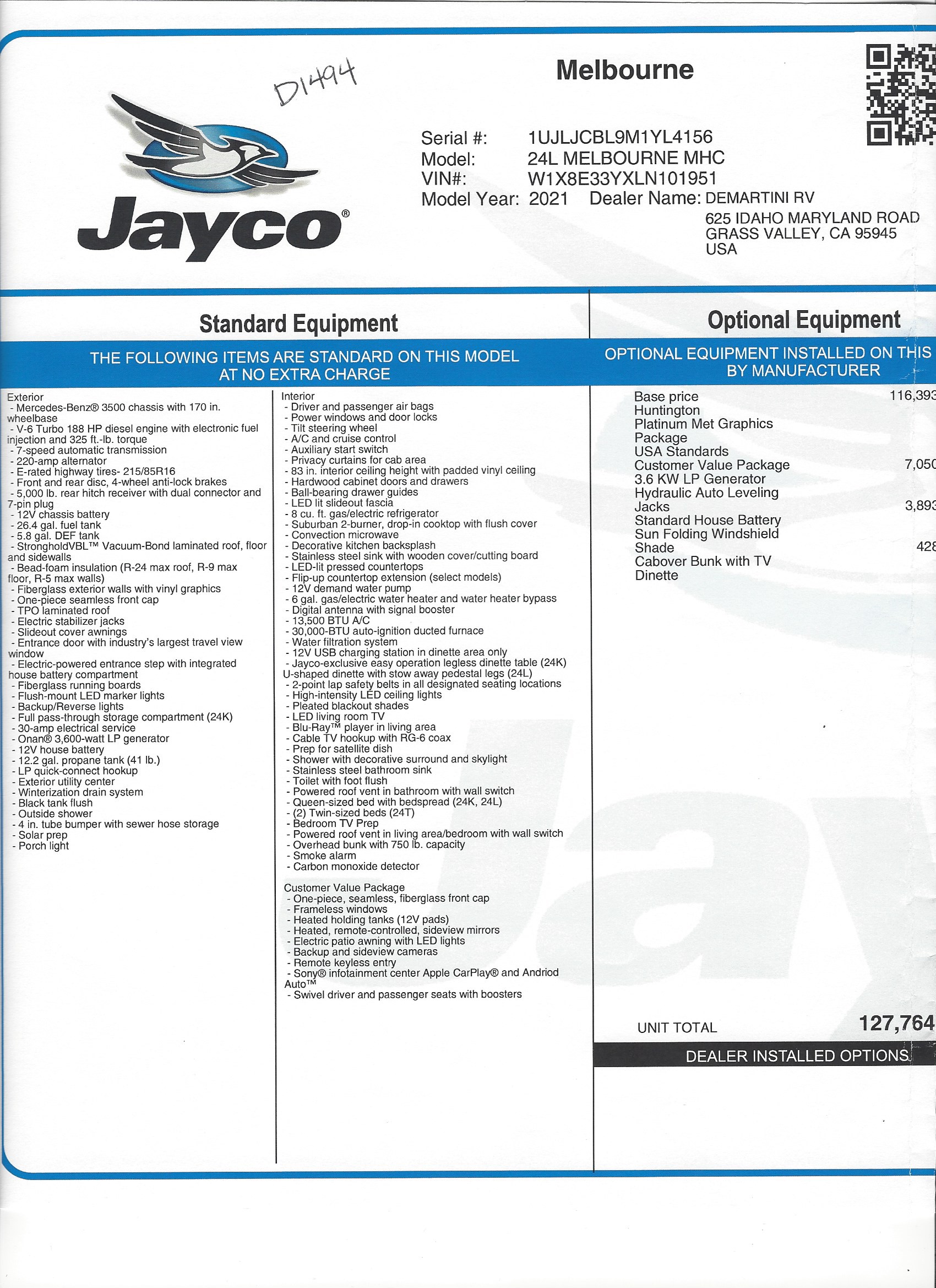 2021 Jayco Melbourne 24L MSRP Sheet