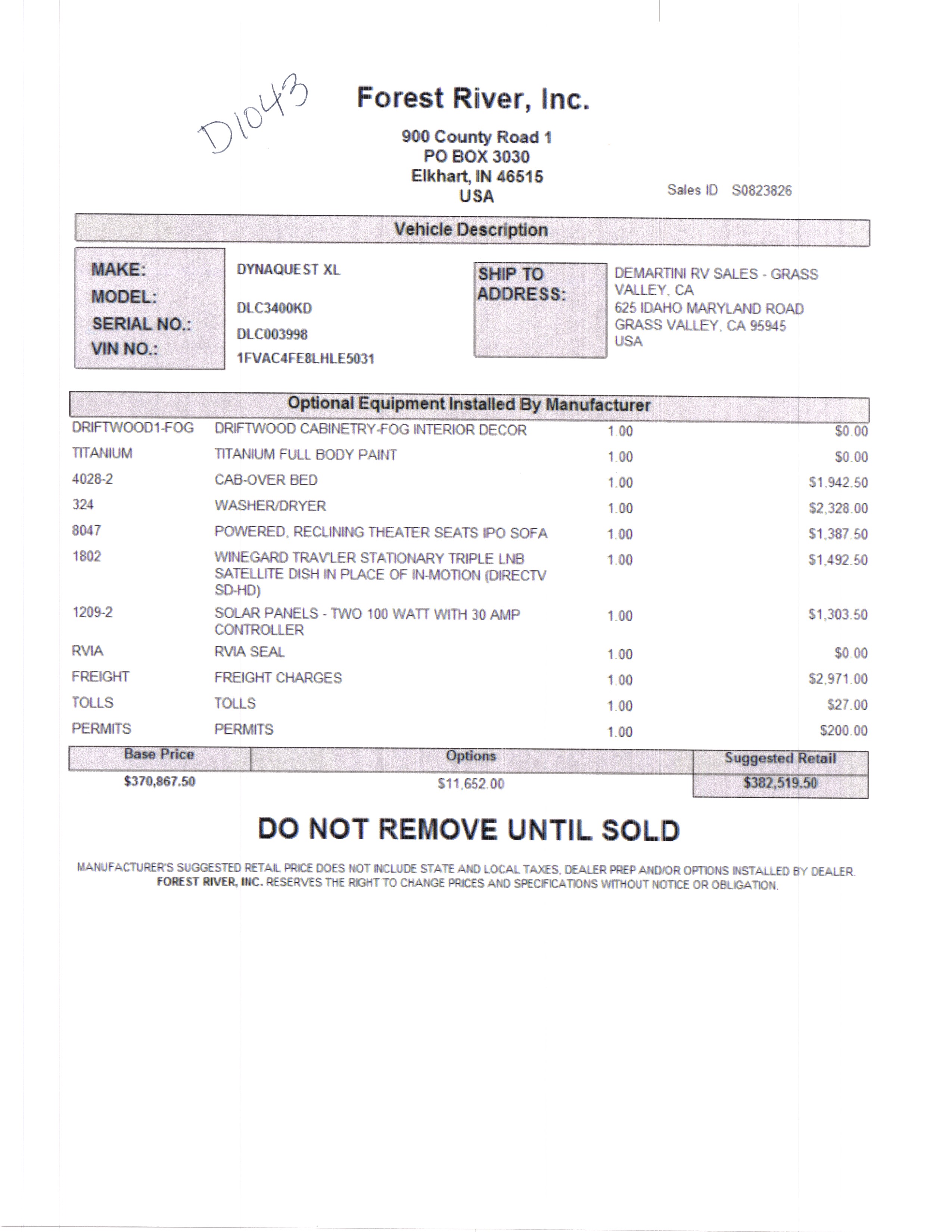 2021 Dynamax Dynaquest XL 3400KD MSRP Sheet