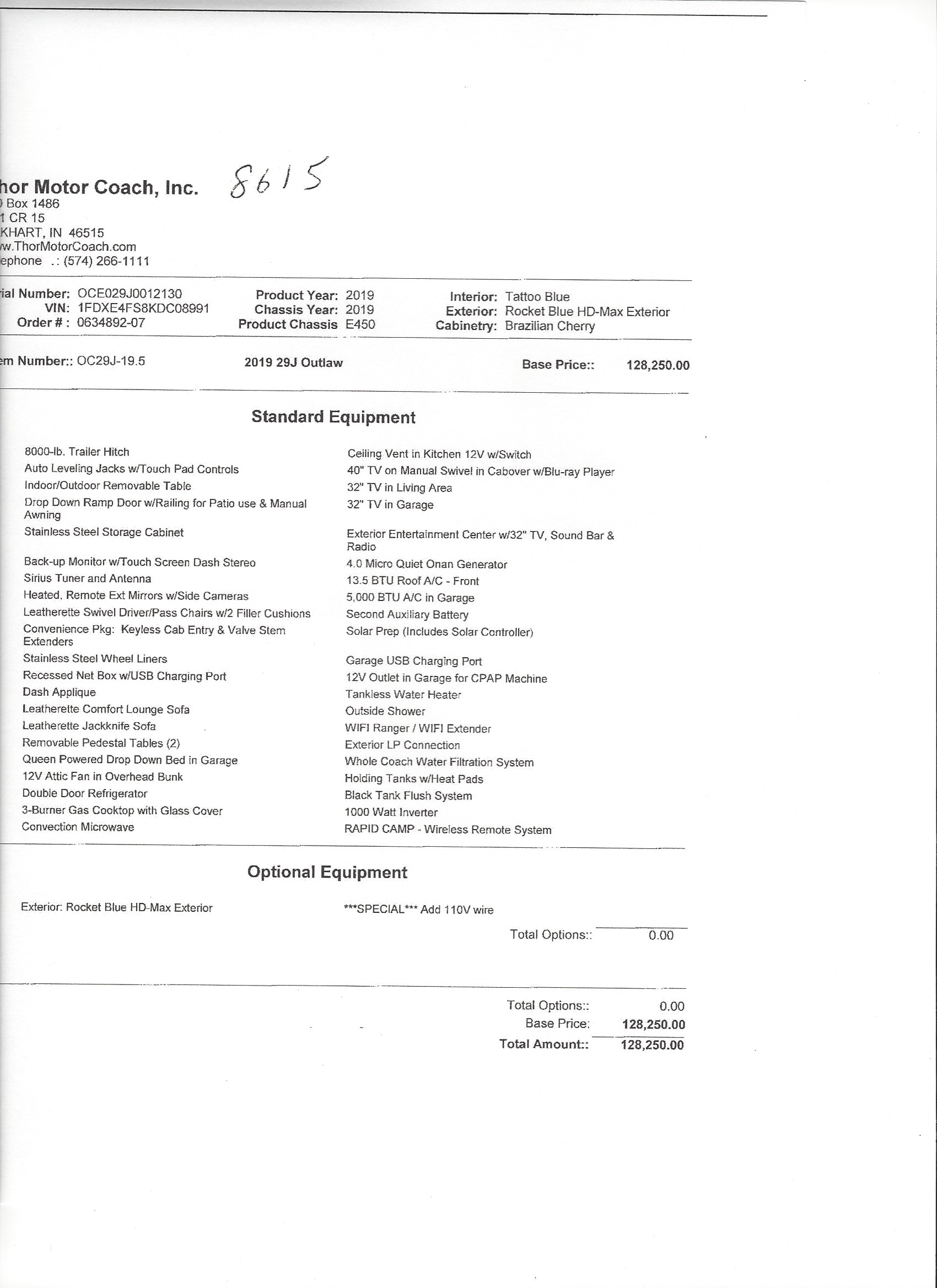 2019 Thor Outlaw 29J MSRP Sheet