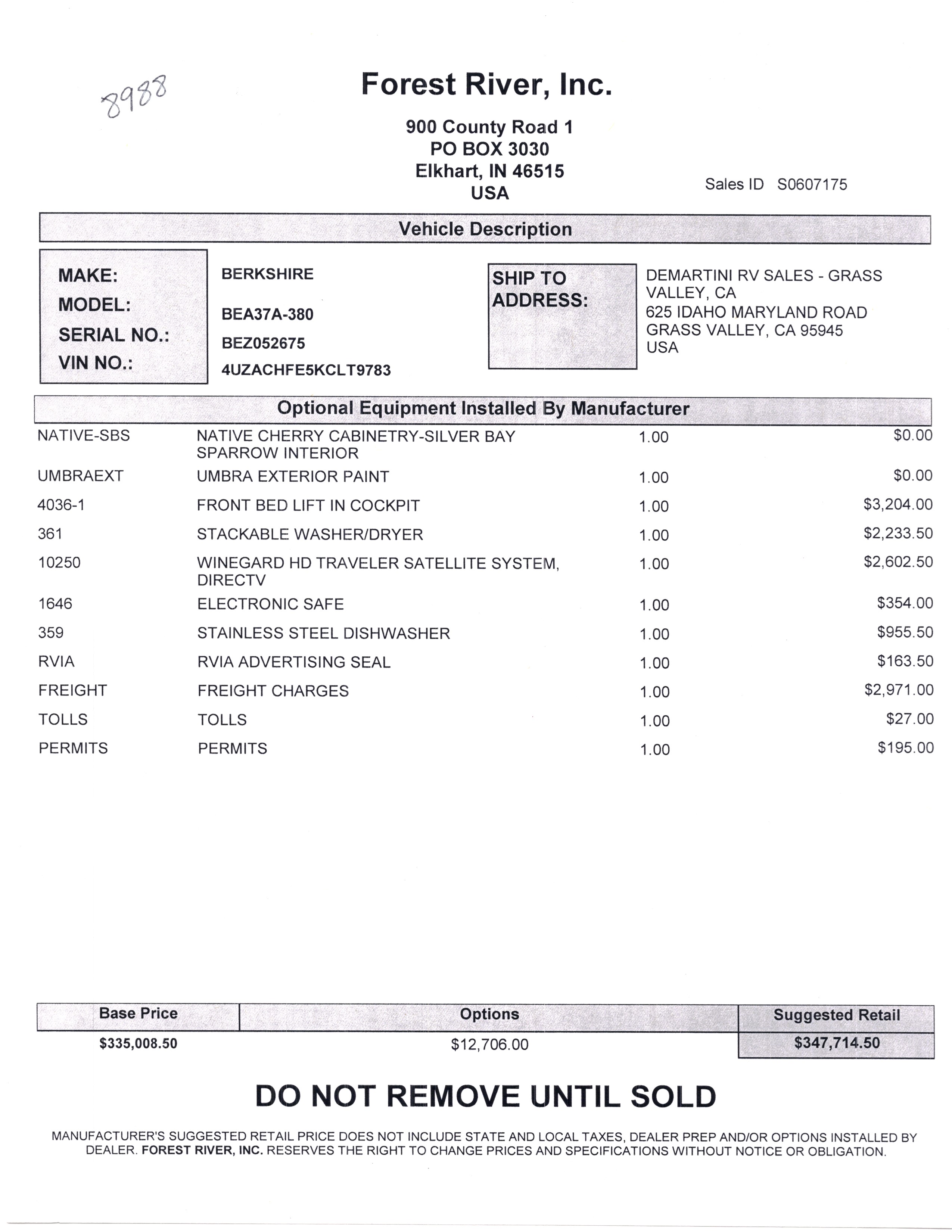 2020 Forest River Berkshire XL 37A MSRP Sheet