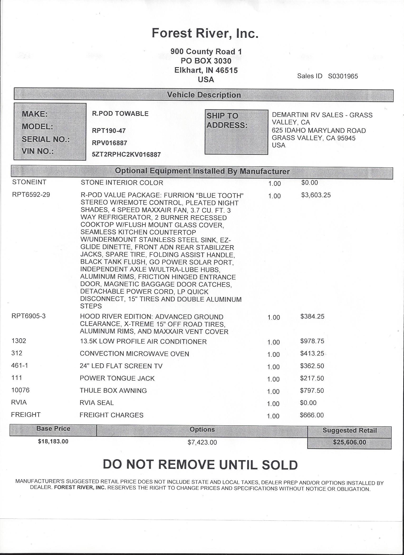 2019 Forest River R-Pod 190 MSRP Sheet