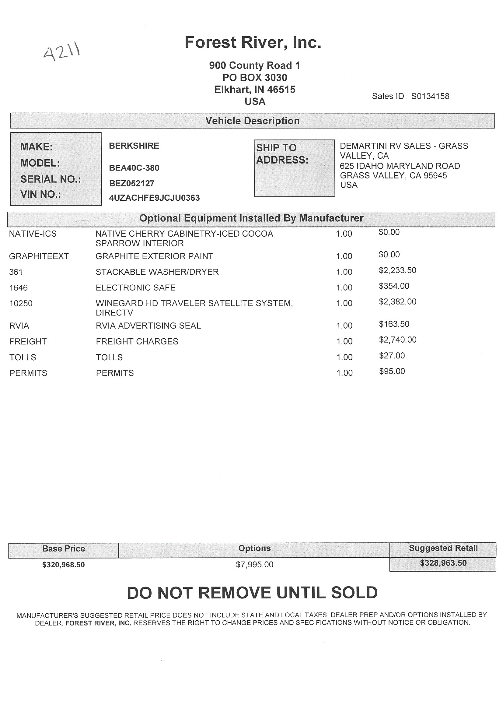 2018 Forest River Berkshire XL 40C MSRP Sheet