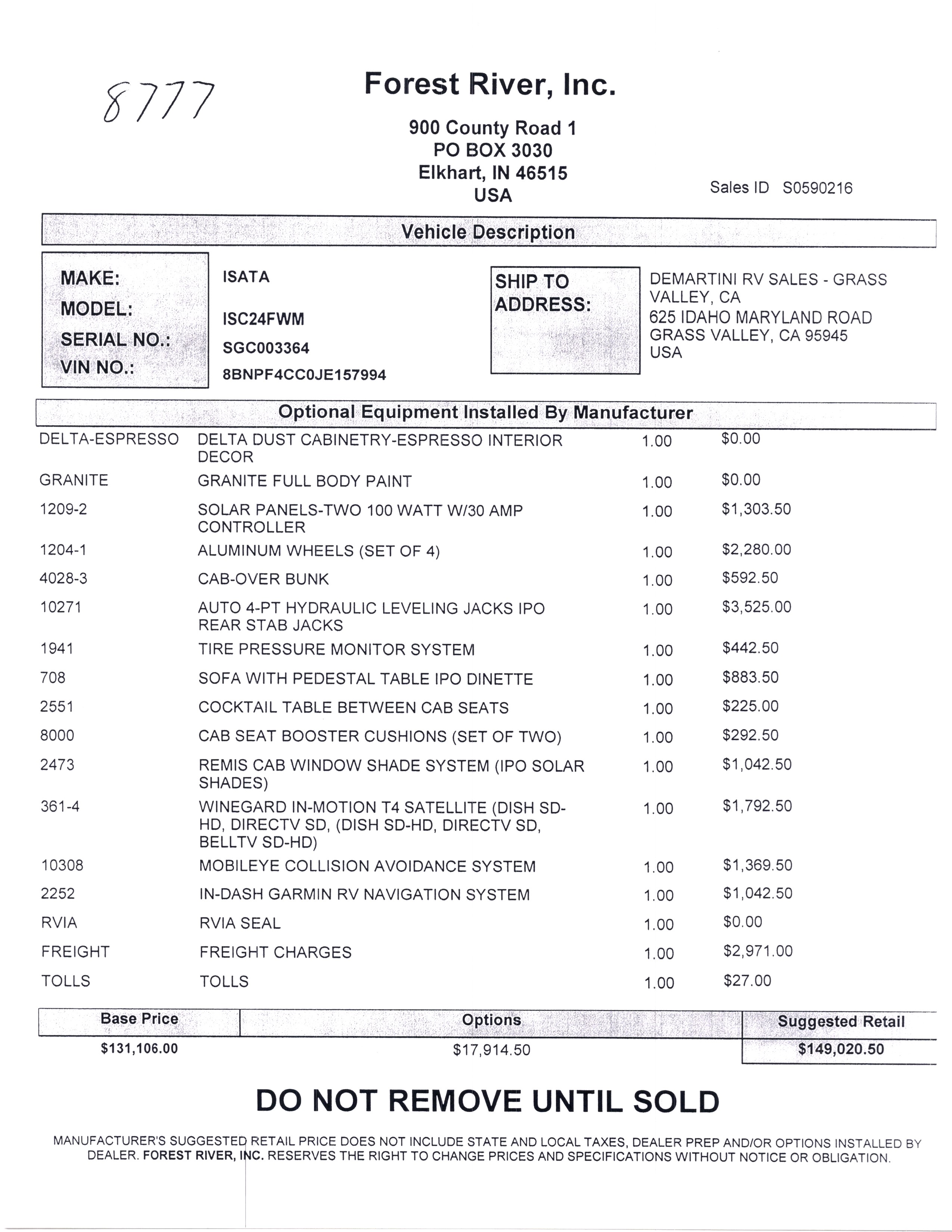 2020 Dynamax Isata 3 24FW MSRP Sheet