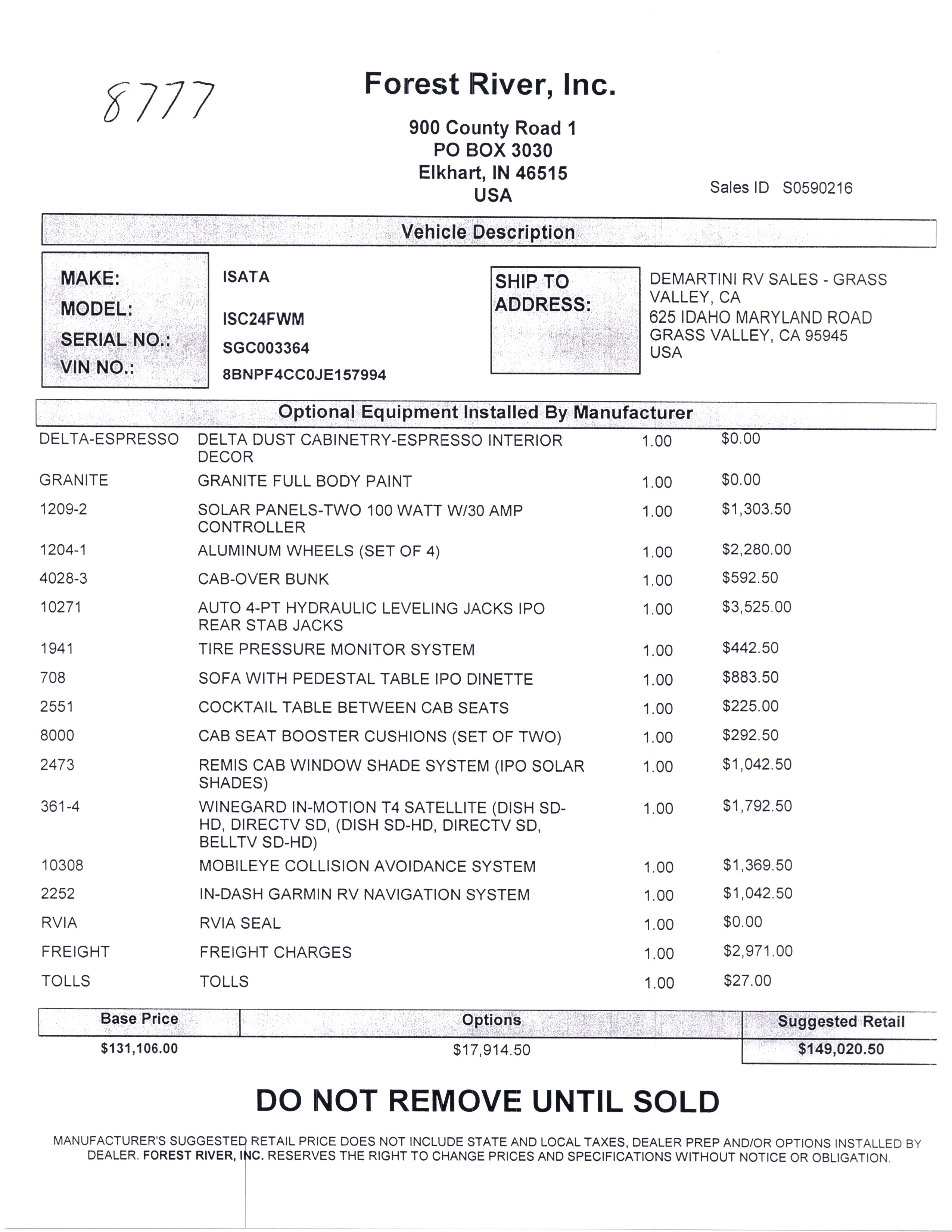 2020 Dynamax Isata 3 24FW MSRP Sheet