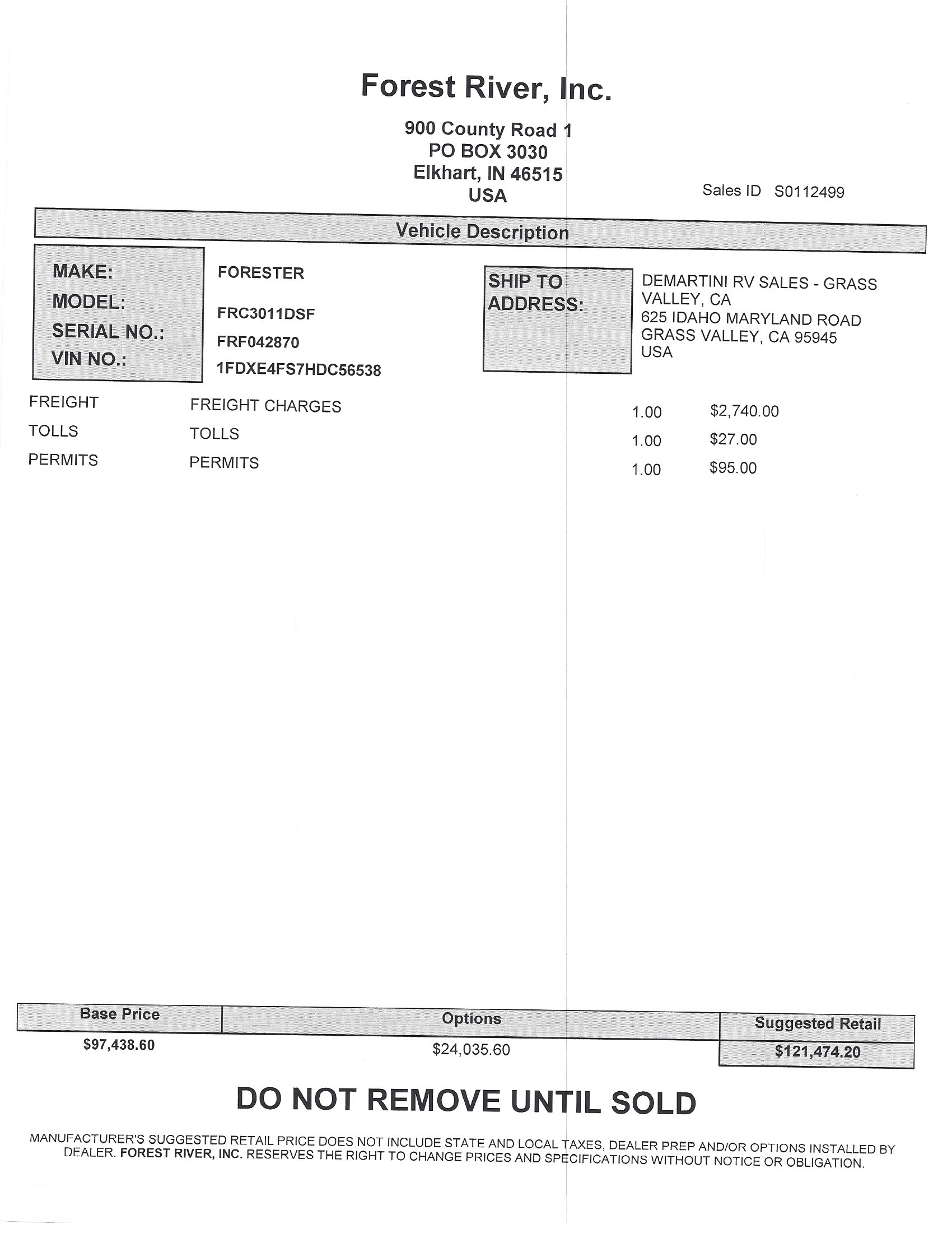 2018 Forest River Forester 3011DS MSRP Sheet