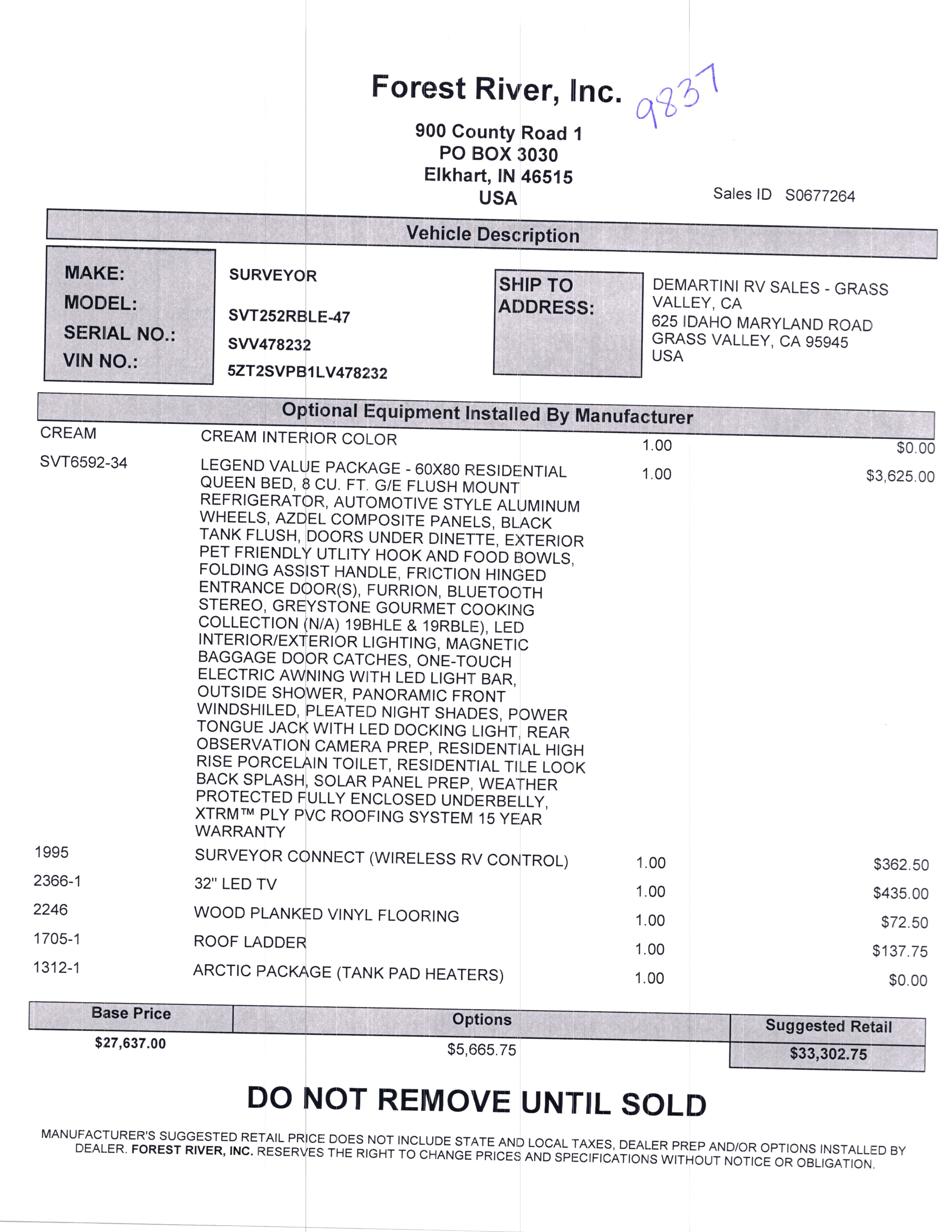 2020 Forest River Surveyor Legend 252RBLE MSRP Sheet