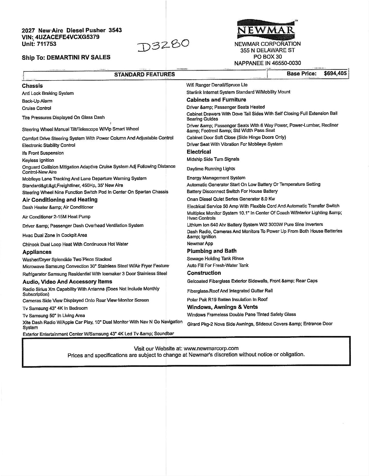2027 Newmar New Aire 3543 MSRP Sheet