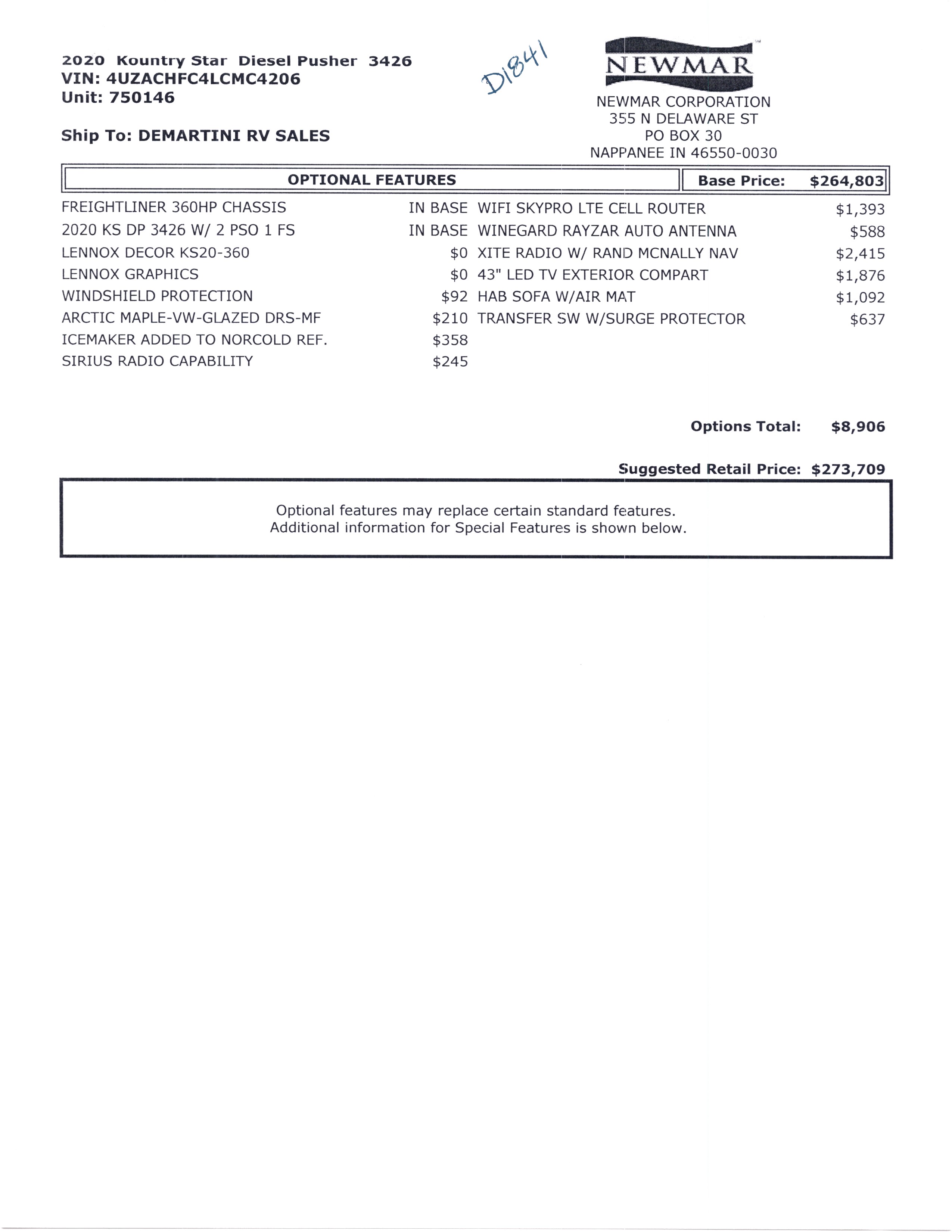 2020 Newmar Kountry Star 3426 MSRP Sheet