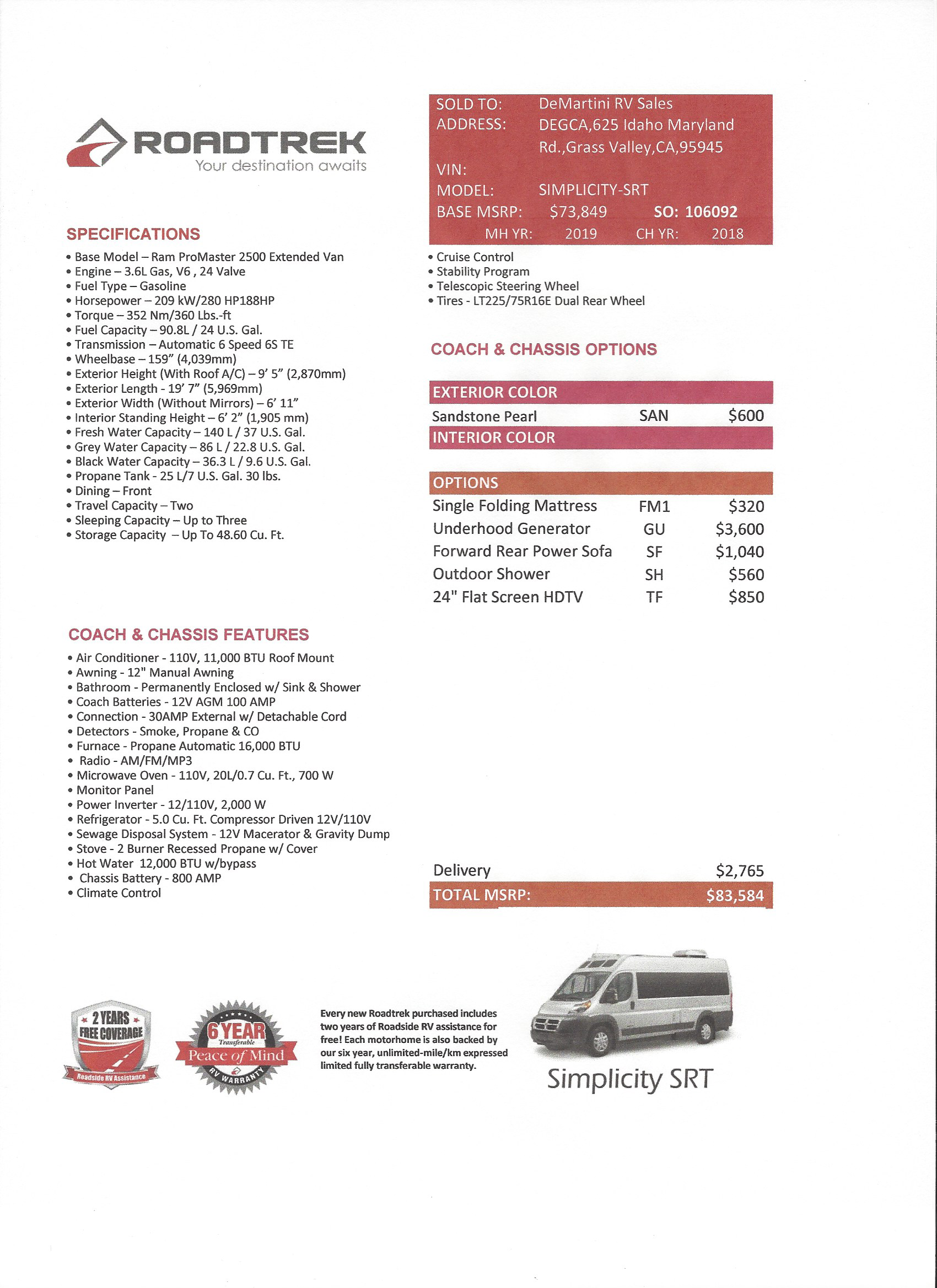 2019 Roadtrek Simplicity SRT MSRP Sheet