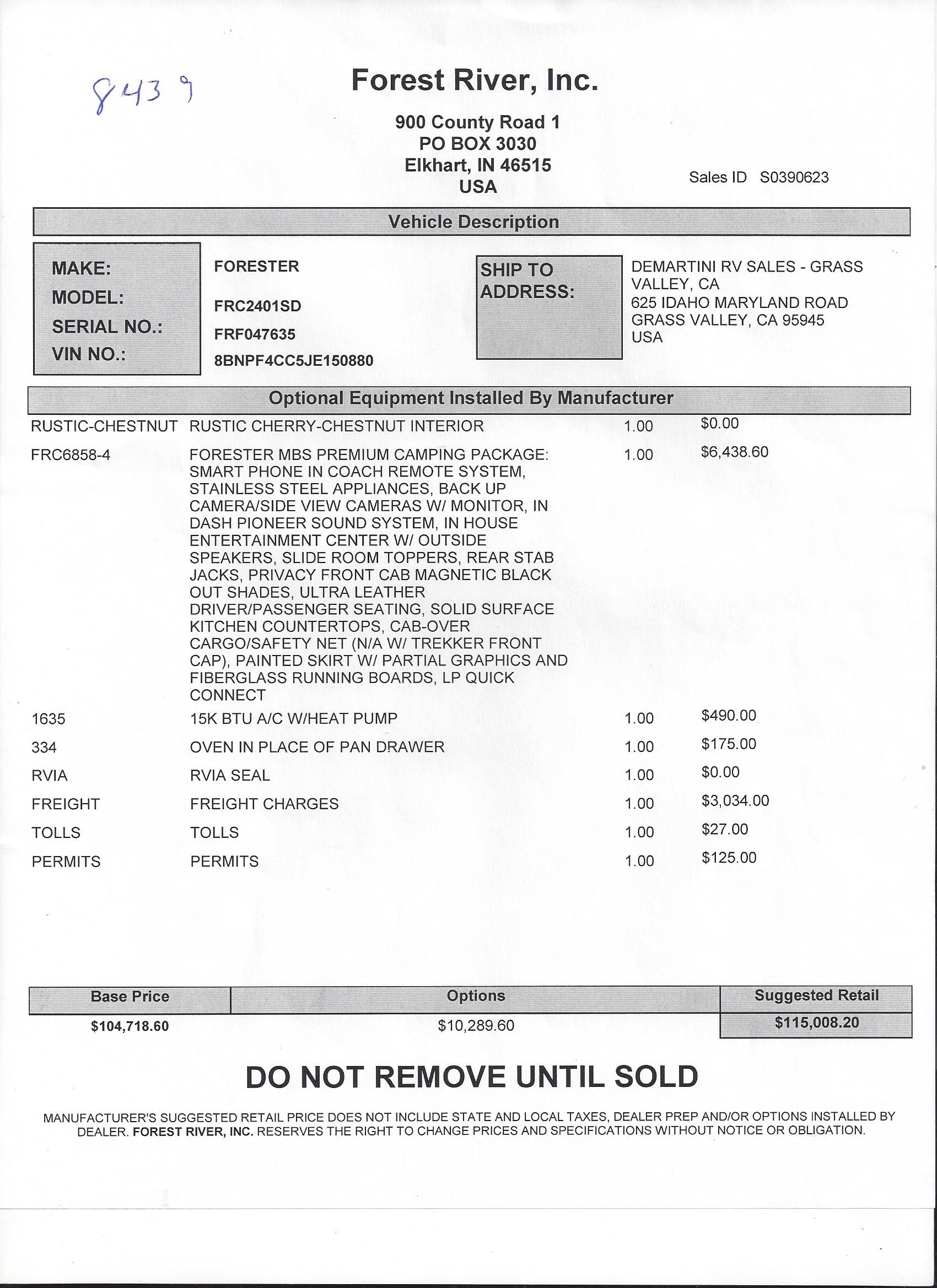 2019 Forest River Forester MBS 2401S MSRP Sheet