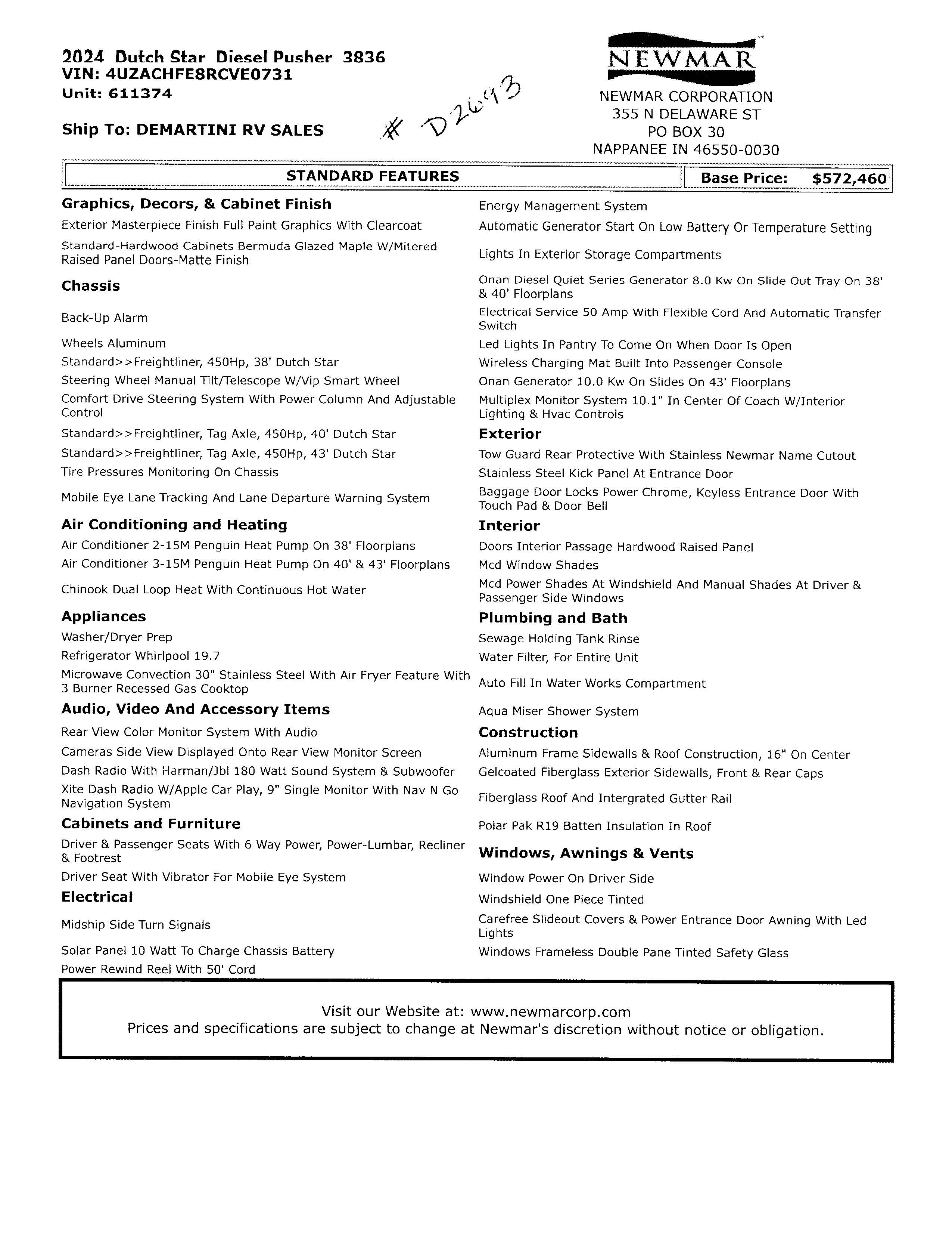 2024 Newmar Dutch Star 3836 MSRP Sheet