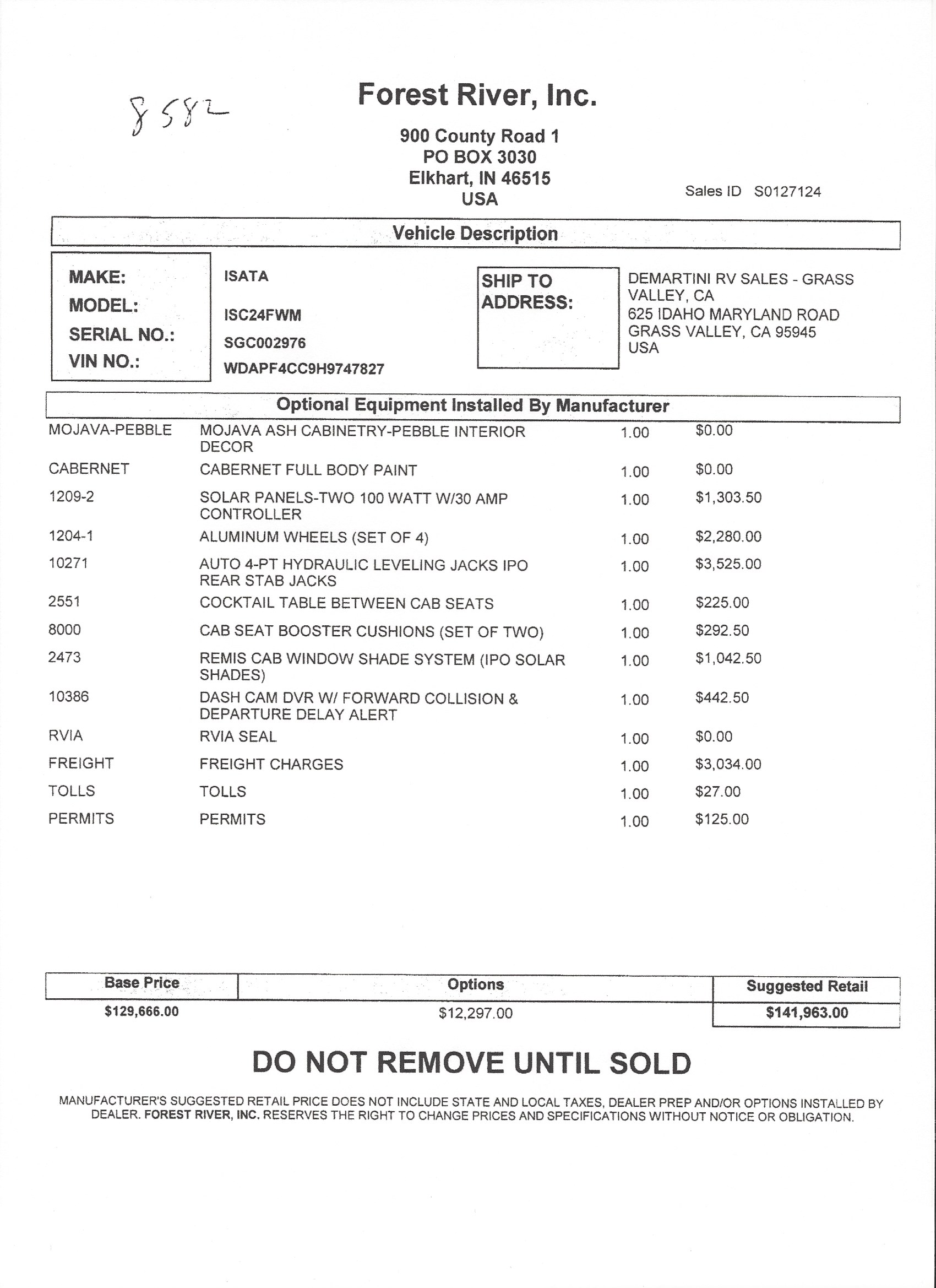 2019 Dynamax Isata 3 24FW MSRP Sheet