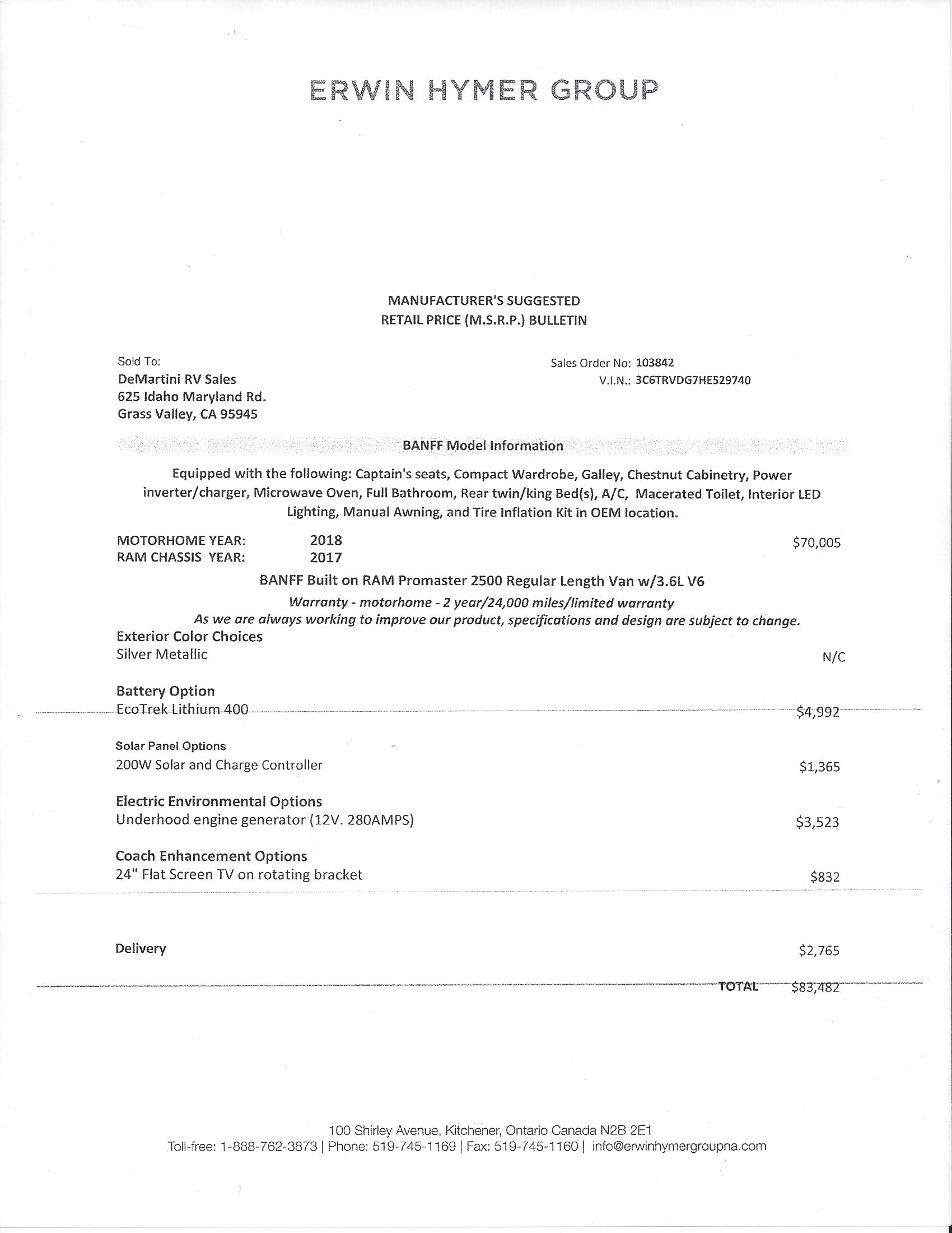 2018 Carado Banff MSRP Sheet