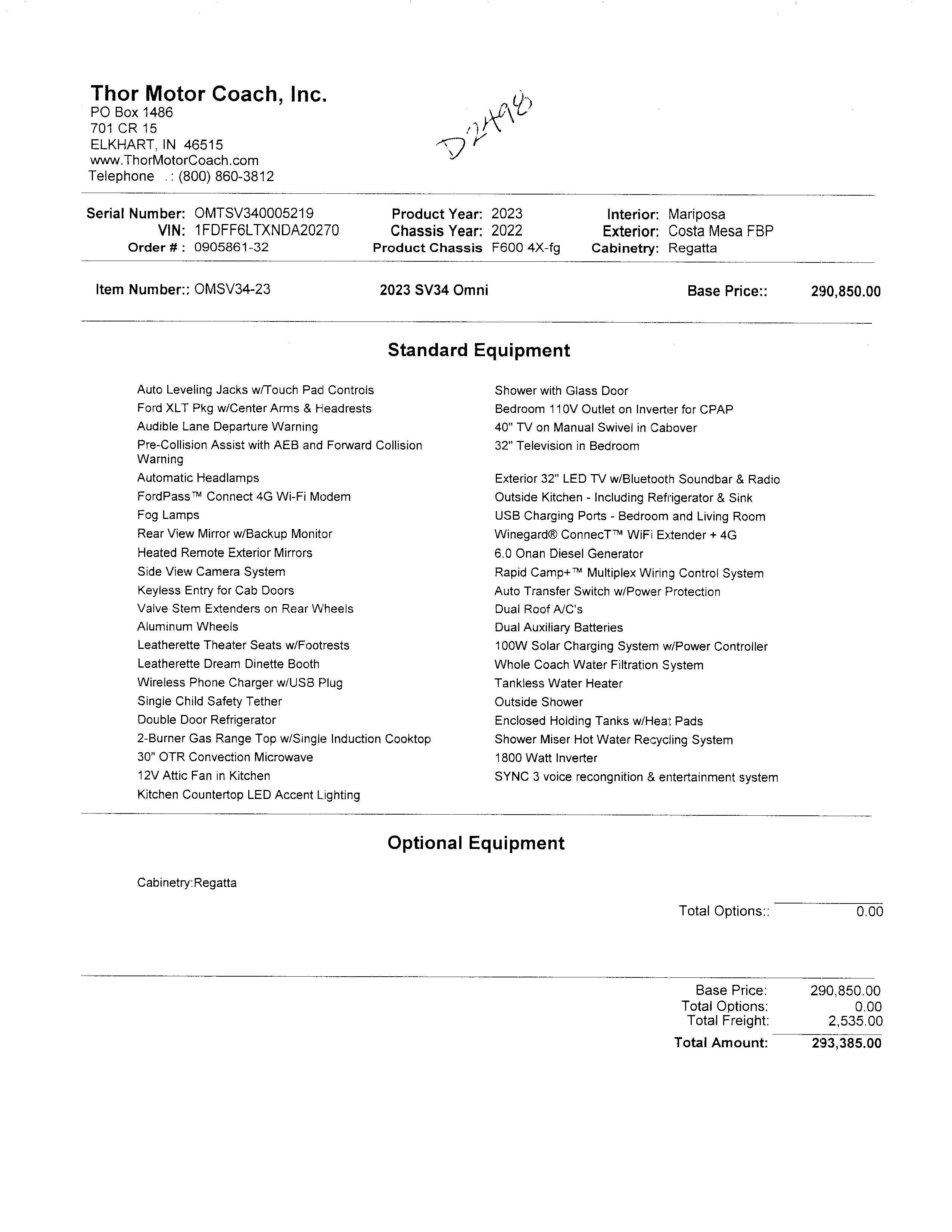 2023 Thor Omni 4x4 SV34 MSRP Sheet