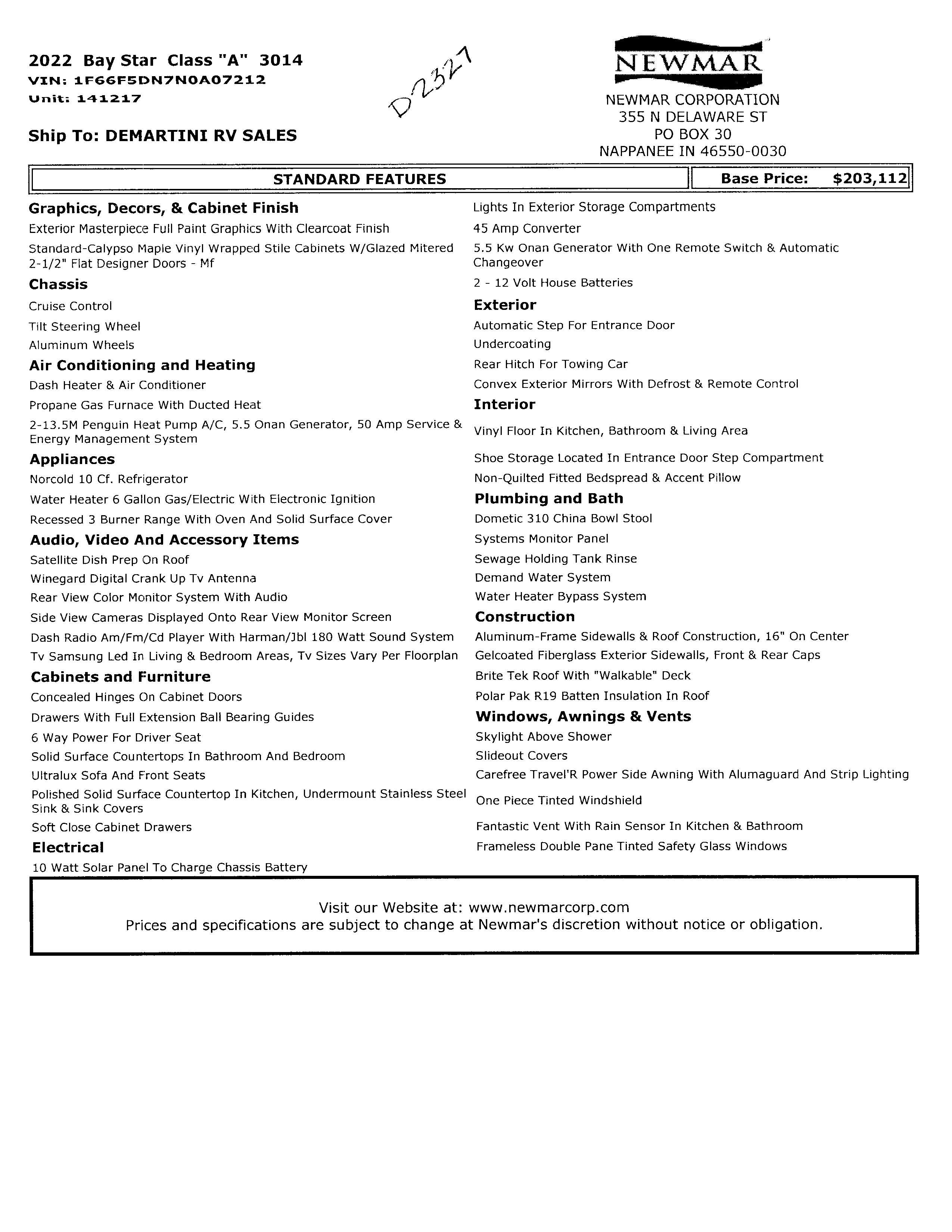 2022 Newmar Bay Star 3014 MSRP Sheet