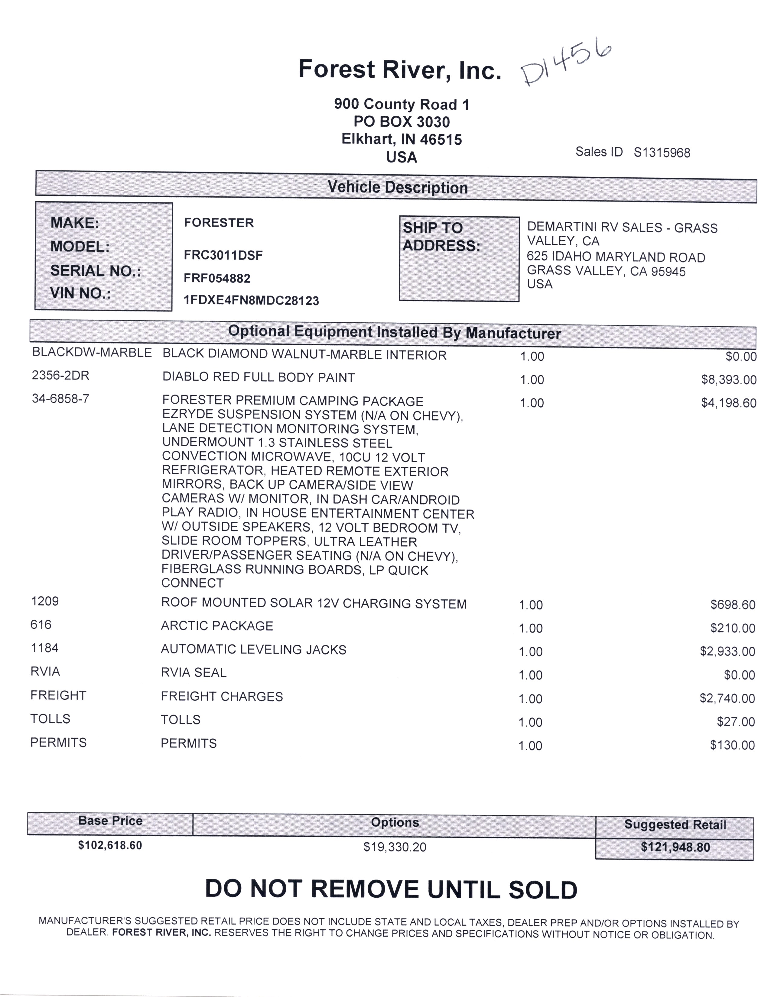 2021 Forest River Forester Classic 3011DS MSRP Sheet