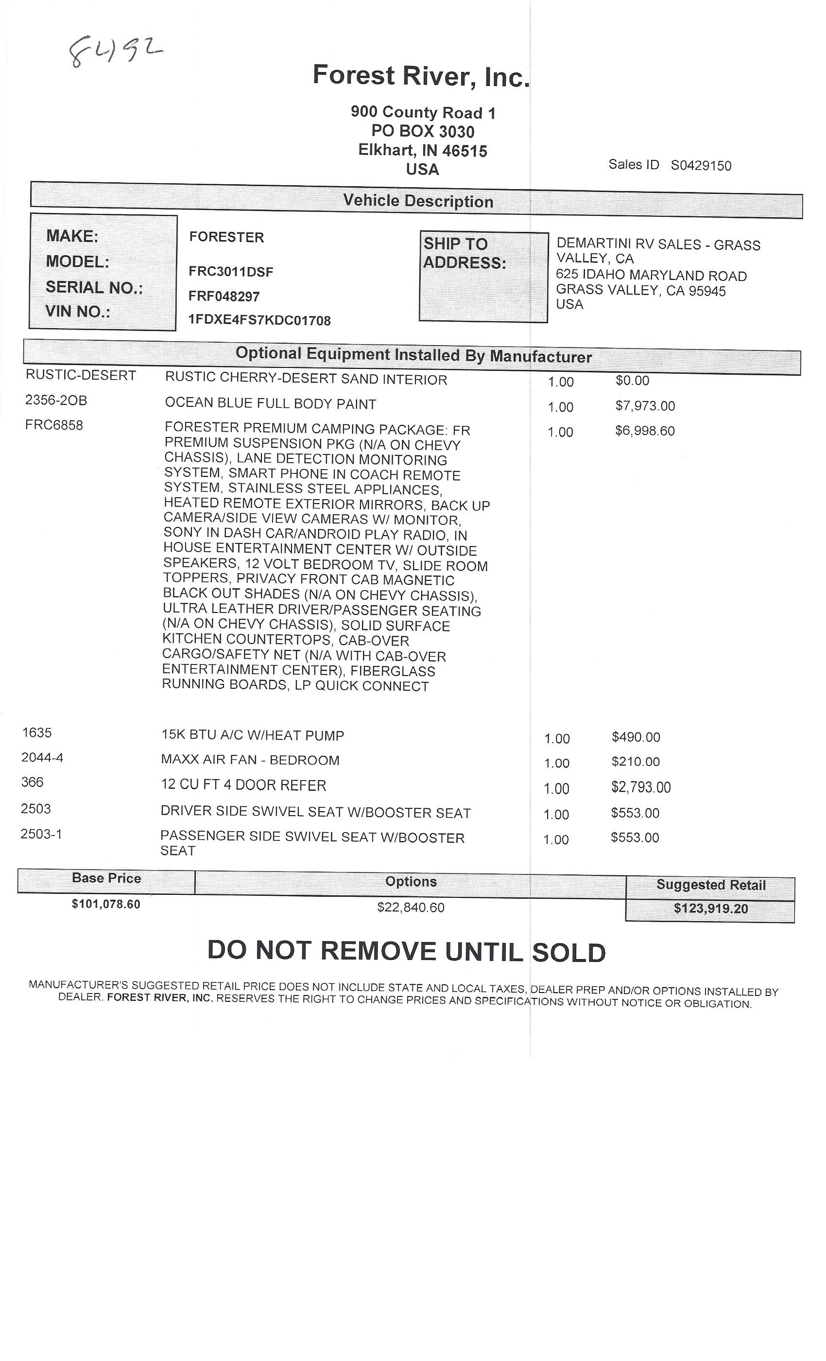 2019 Forest River Forester 3011DS MSRP Sheet