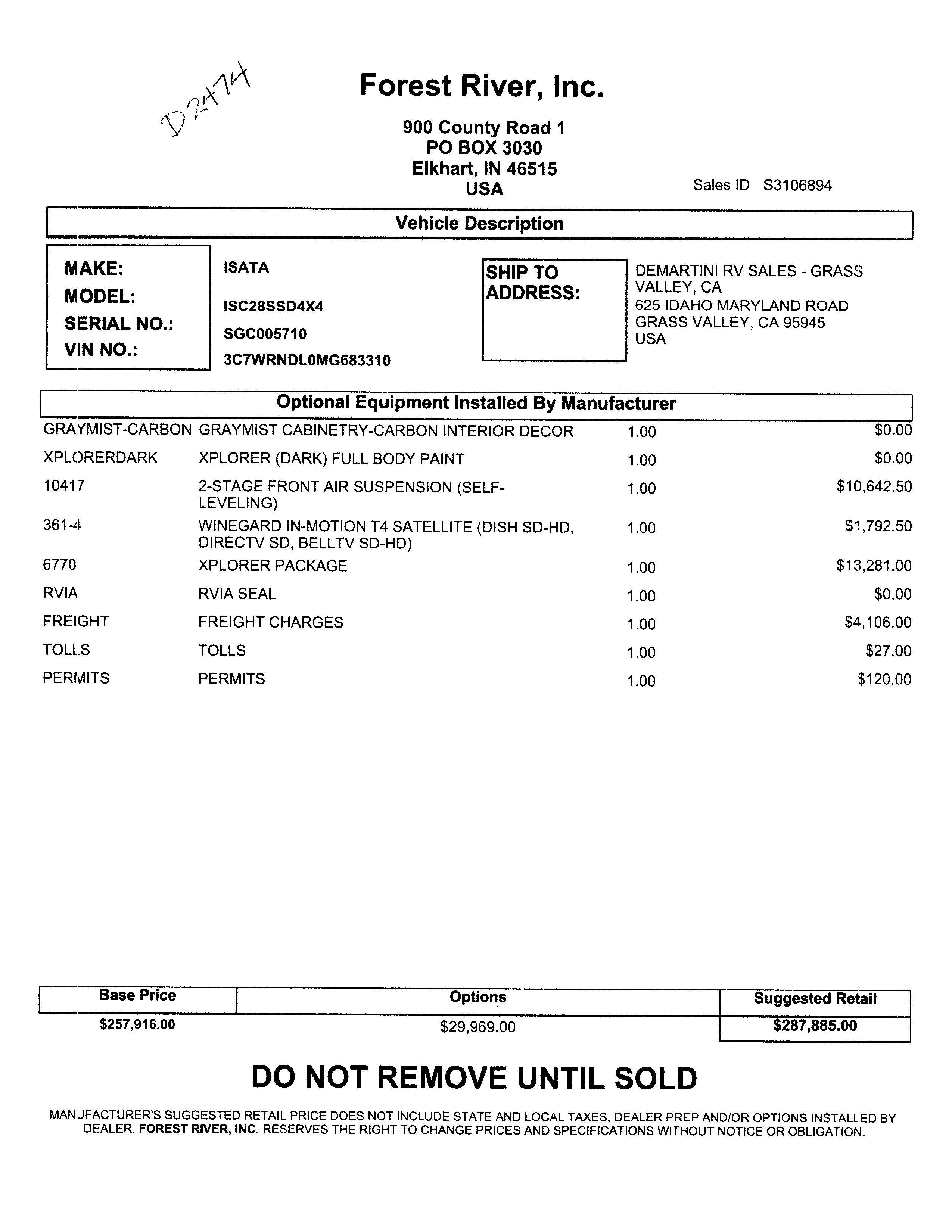 2023 Dynamax Isata 5 4x4 28SS with Xplorer Package MSRP Sheet